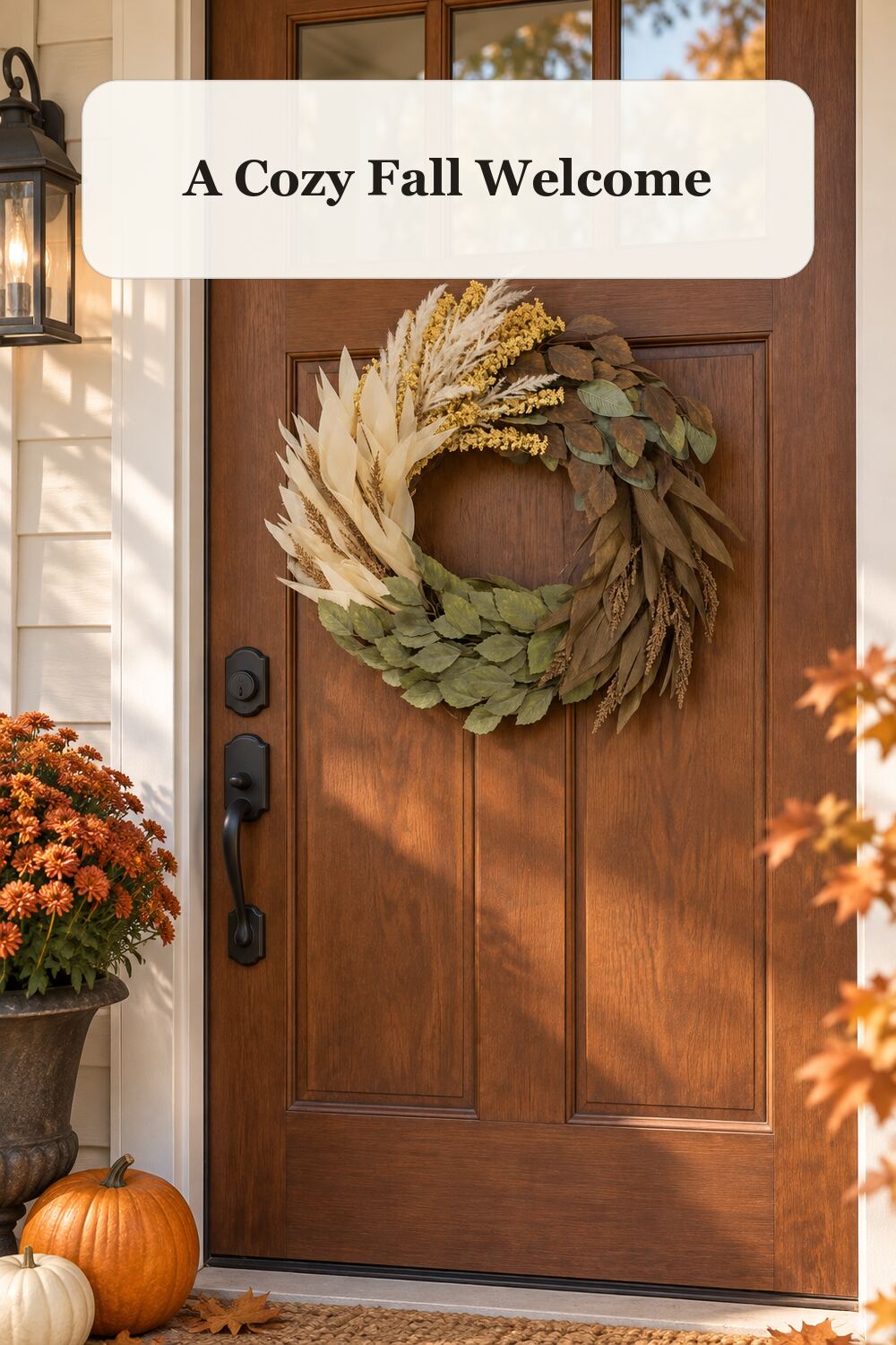 28in Ombre Eucalyptus Cornhusk Wreath styled in a warm, realistic fall and thanksgiving home setting.