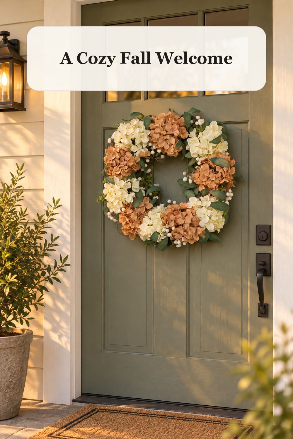 24in Hydrangea Wreath styled in a warm, realistic fall and thanksgiving home setting.