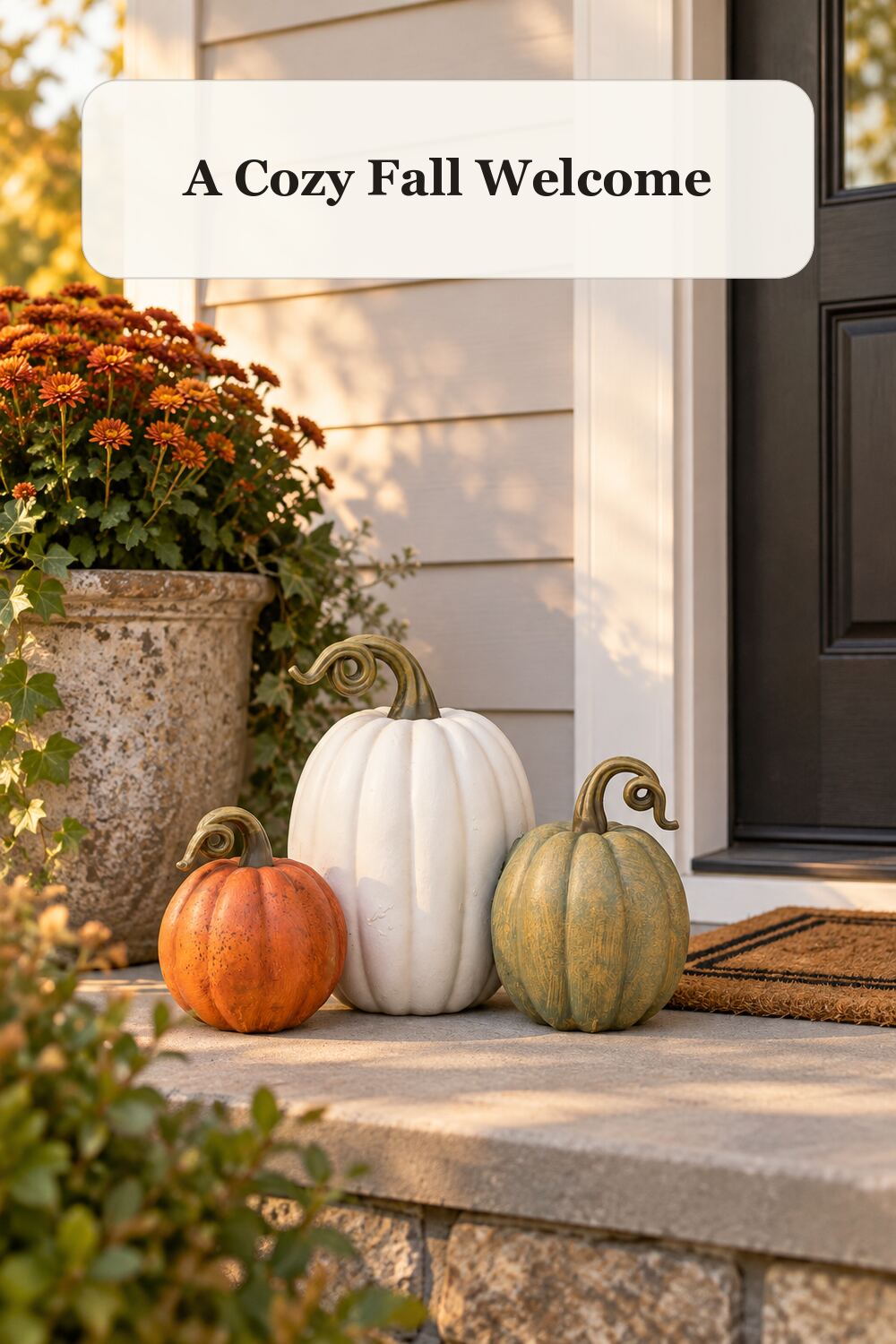Outdoor Safe Pumpkin Trio styled in a warm, realistic fall and thanksgiving home setting.