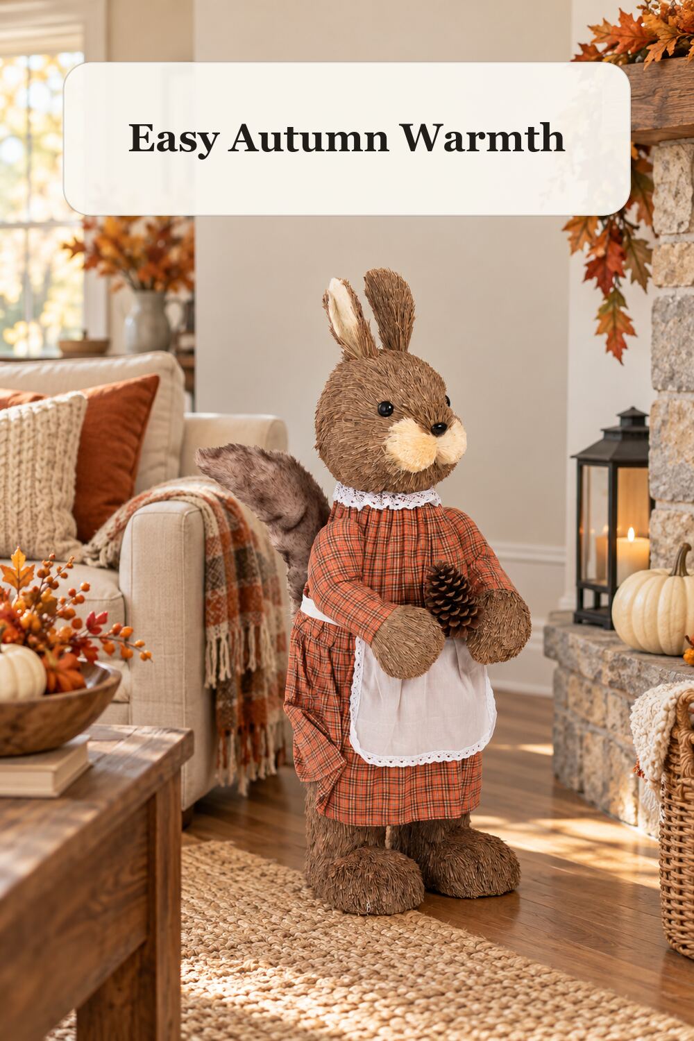 13x36 Extra Large Mrs Fall Squirrel styled in a warm, realistic fall and thanksgiving home setting.