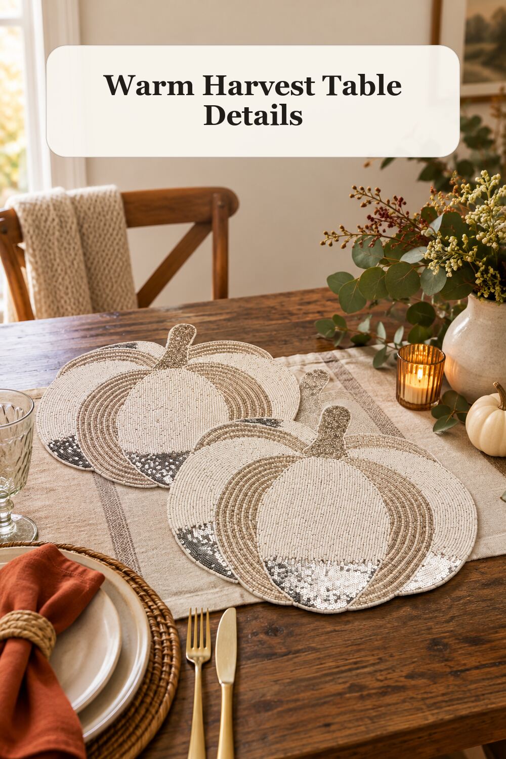 Set Of 2 Metallic Figural Pumpkin Beaded Placemats styled in a warm, realistic fall and thanksgiving home setting.