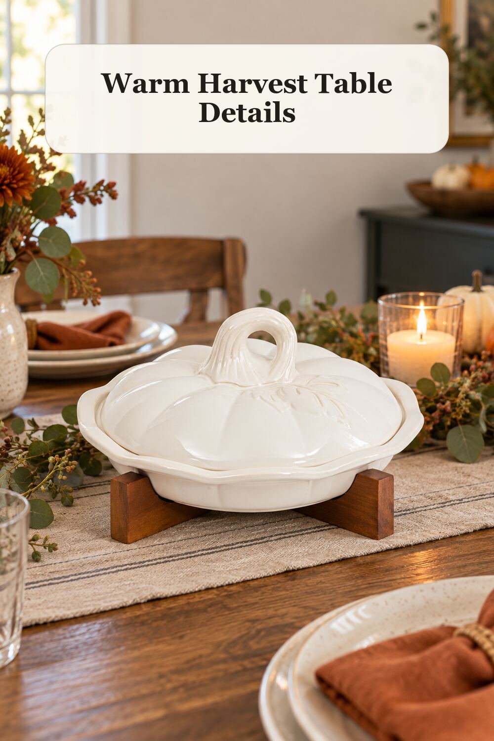 10in Pumpkin Pie Dish With Trivet styled in a warm, realistic fall and thanksgiving home setting.
