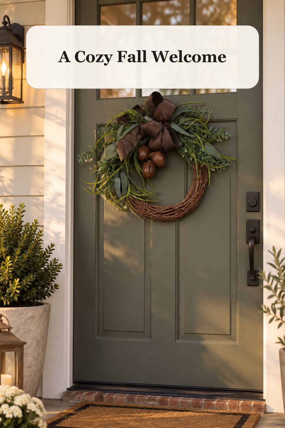 24in Bells Eucalyptus And Twig Half Wreath styled in a warm, realistic fall and thanksgiving home setting.