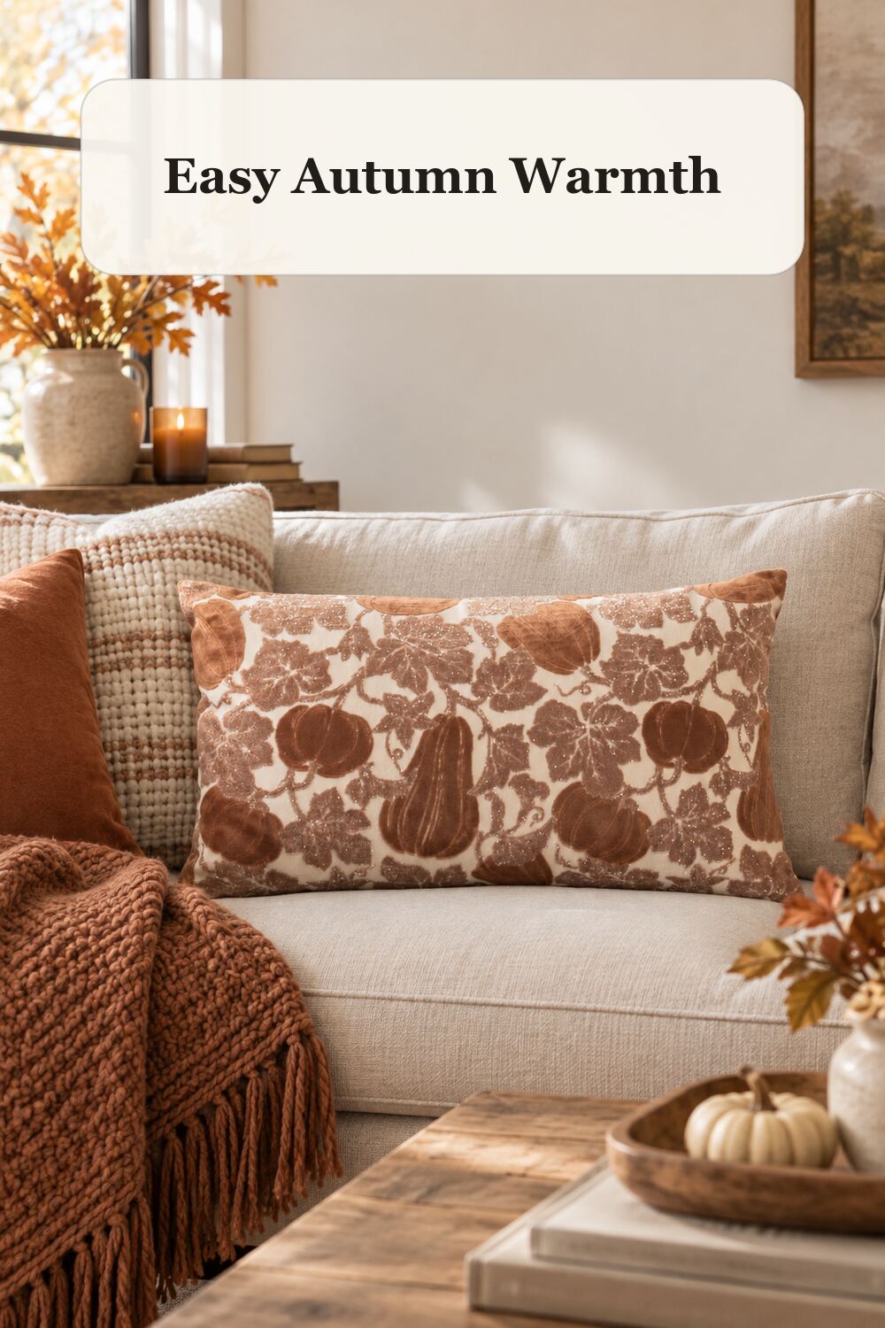 14x24 Pumpkin Cut Velvet Pillow styled in a warm, realistic fall and thanksgiving home setting.