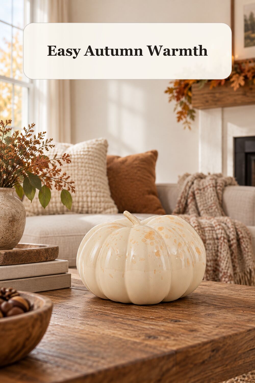 Pumpkin Decor styled in a warm, realistic fall and thanksgiving home setting.