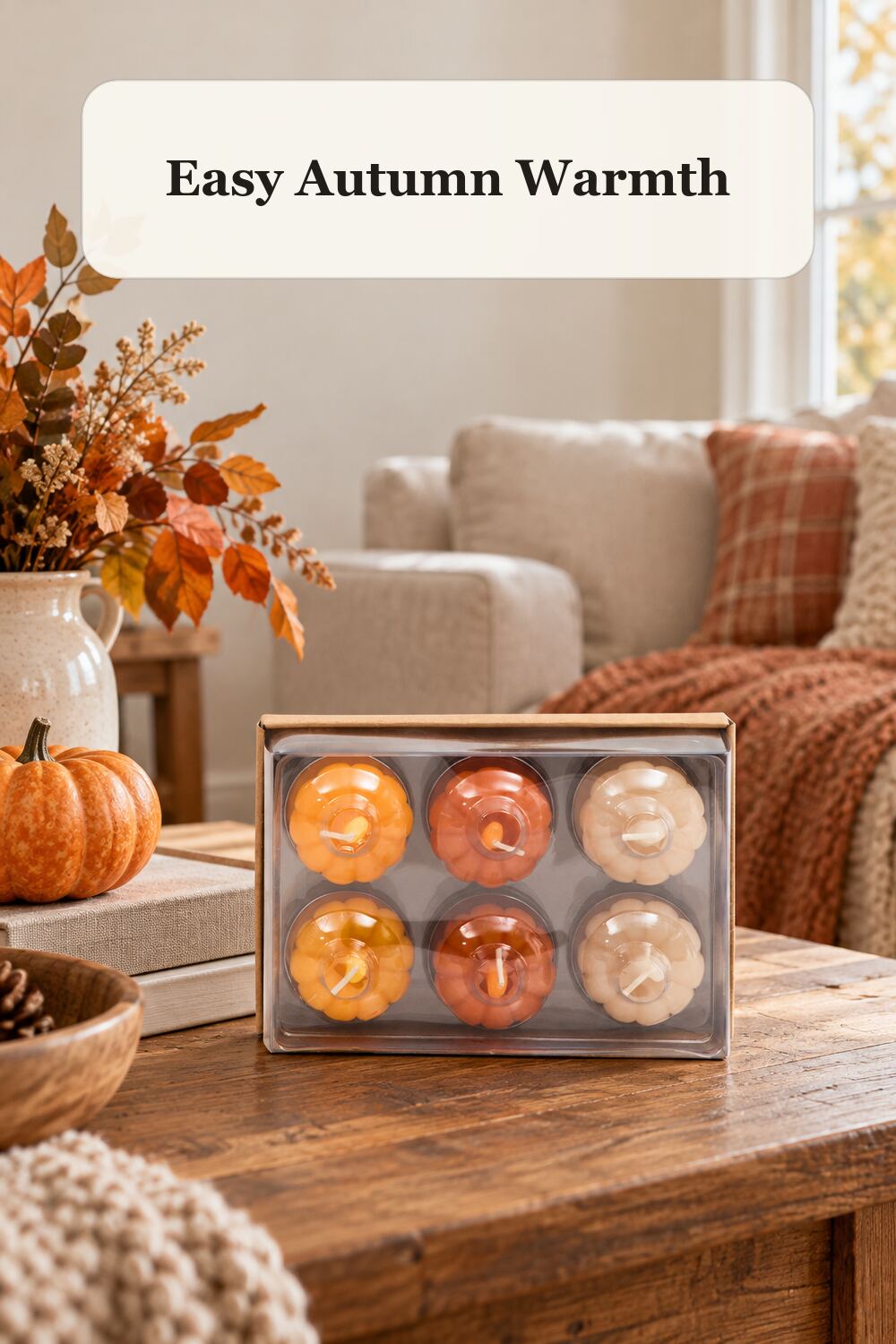 Set Of 6 Mini Pumpkin Tealights styled in a warm, realistic fall and thanksgiving home setting.