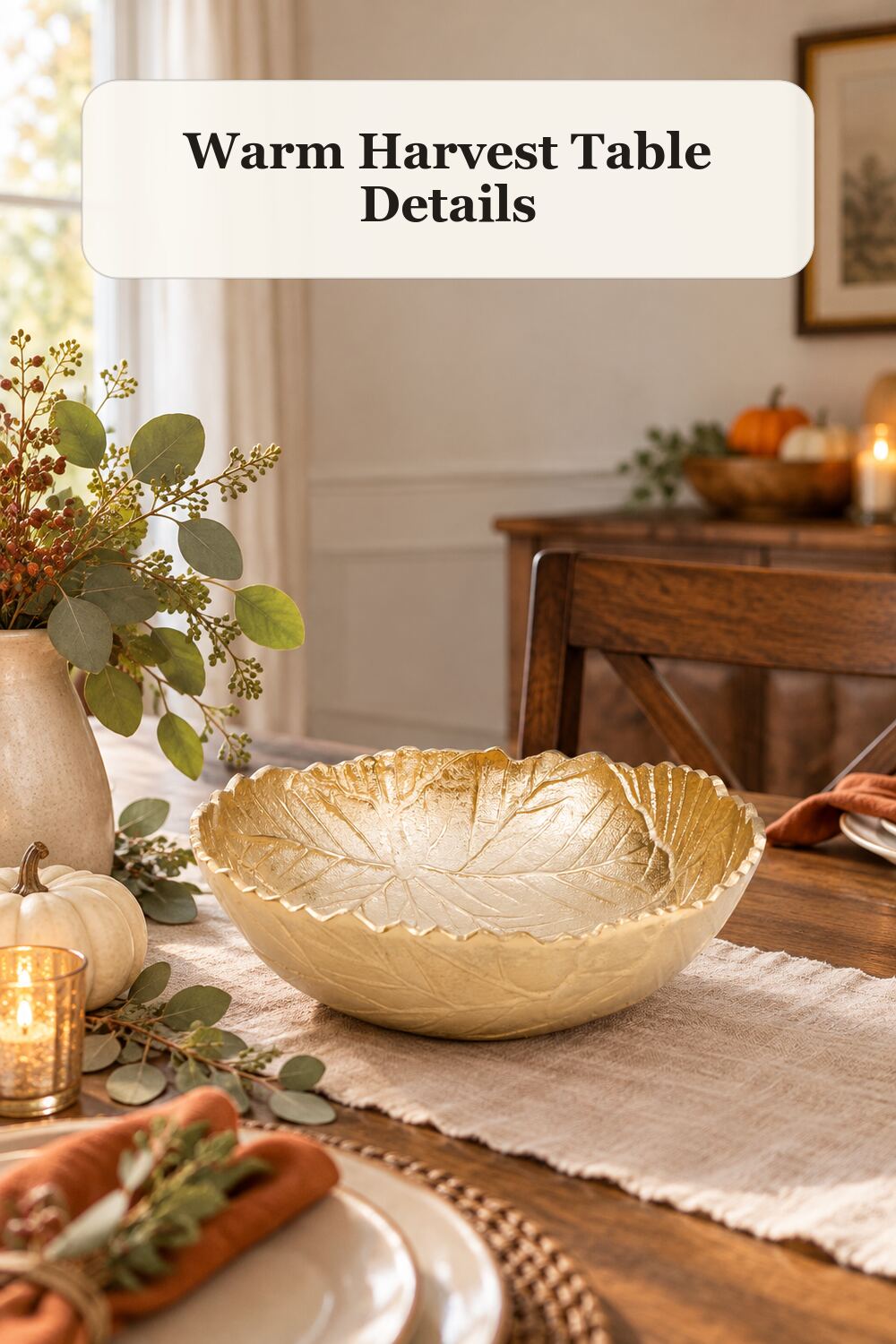 11in Leaf Bowl styled in a warm, realistic fall and thanksgiving home setting.