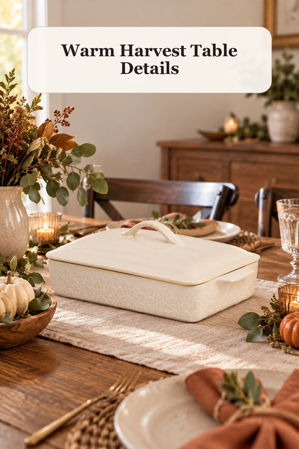 10x13 Maple Leaf Lidded Baker styled in a warm, realistic fall and thanksgiving home setting.