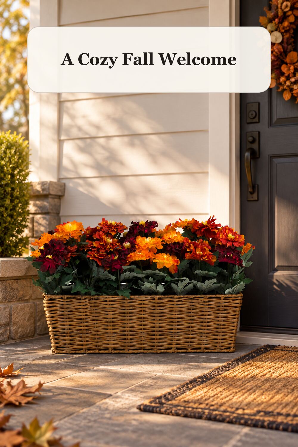 26.5in Mixed Chrysanthemums Woven Porch Pot styled in a warm, realistic fall and thanksgiving home setting.