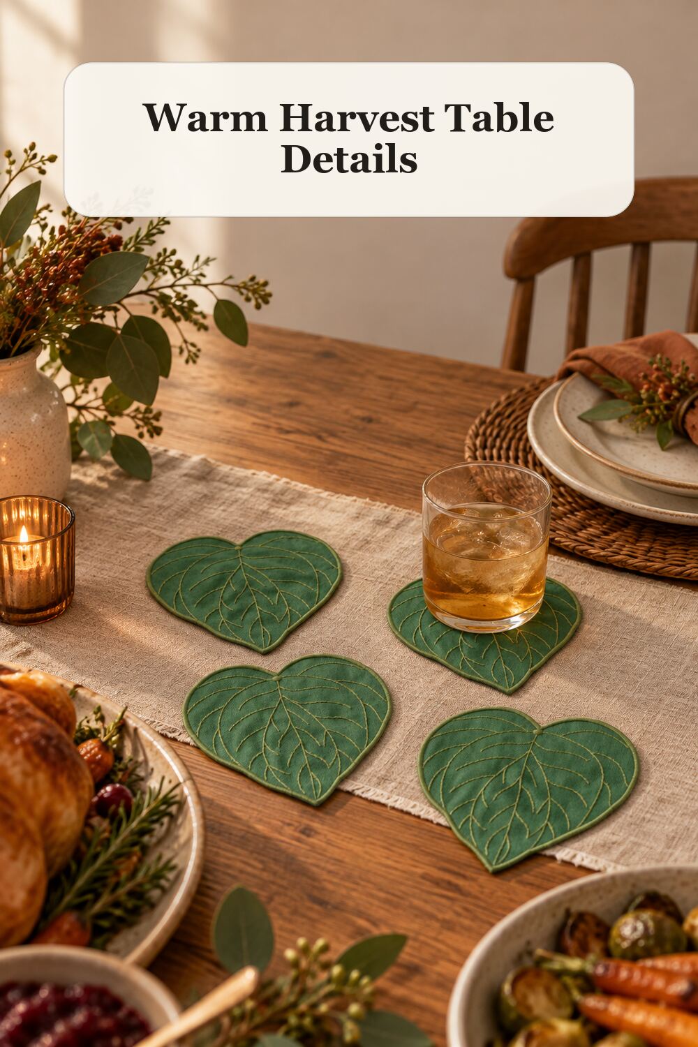 Set Of Four Heart Leaf Cocktail Napkins styled in a warm, realistic fall and thanksgiving home setting.