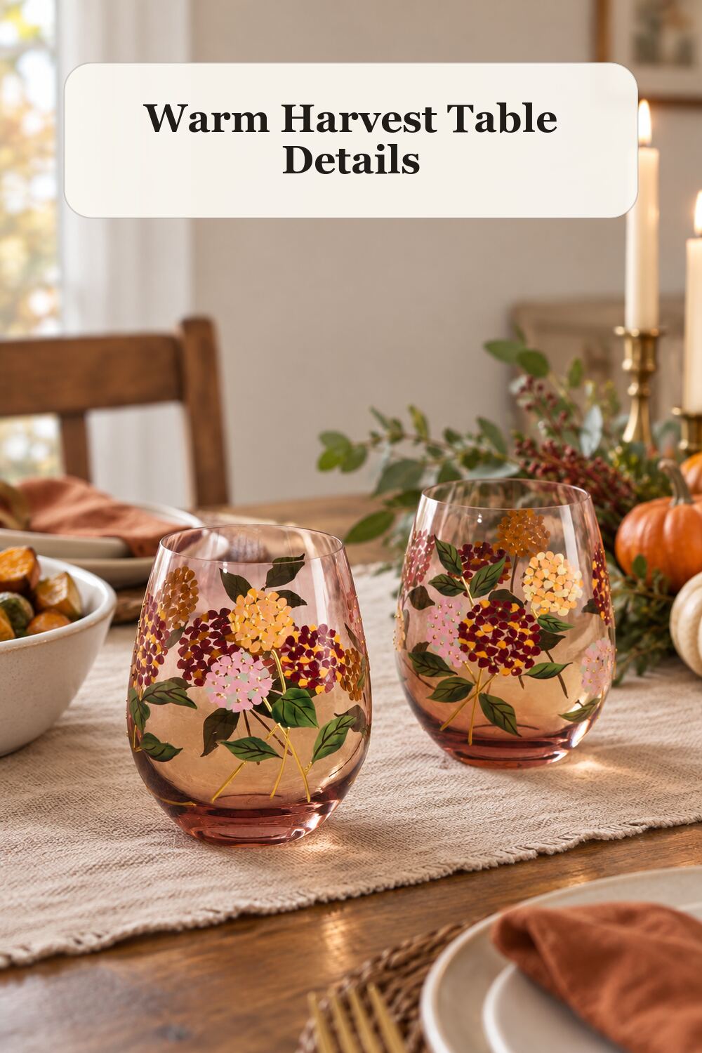 2pk Fall Hydrangea Stemless Glasses styled in a warm, realistic fall and thanksgiving home setting.