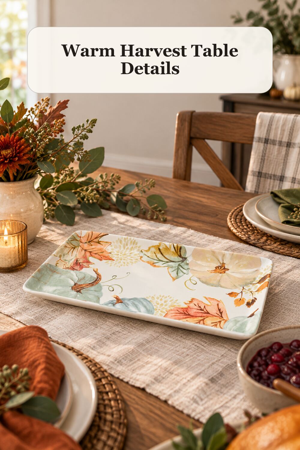 14in Sage Leaf Serving Tray styled in a warm, realistic fall and thanksgiving home setting.