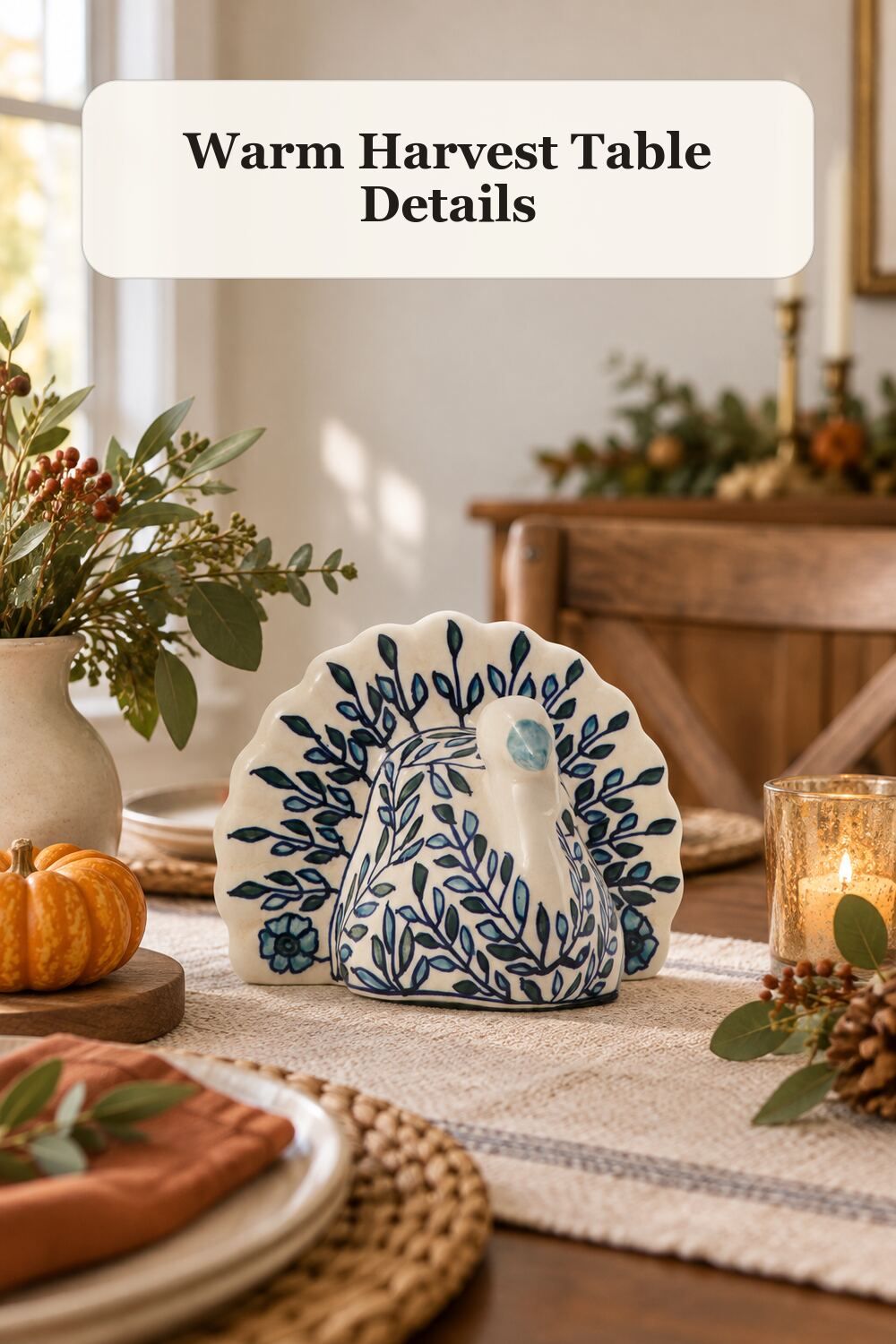 Ceramic Turkey Decor styled in a warm, realistic fall and thanksgiving home setting.