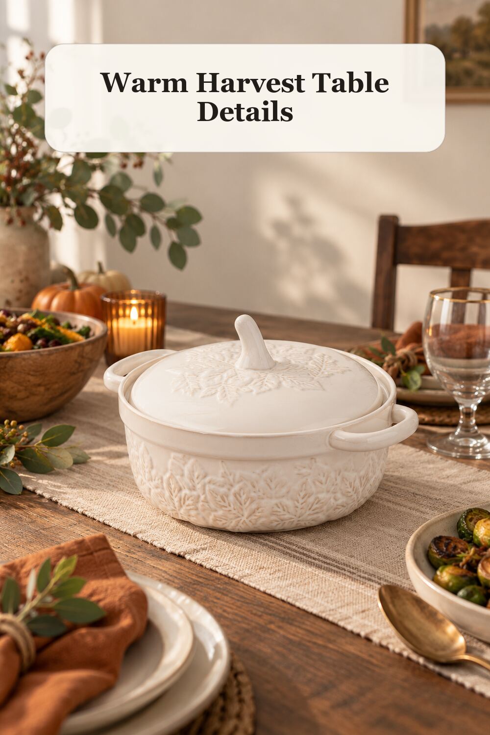 10x8 Embossed Leaf Baking Dish styled in a warm, realistic fall and thanksgiving home setting.