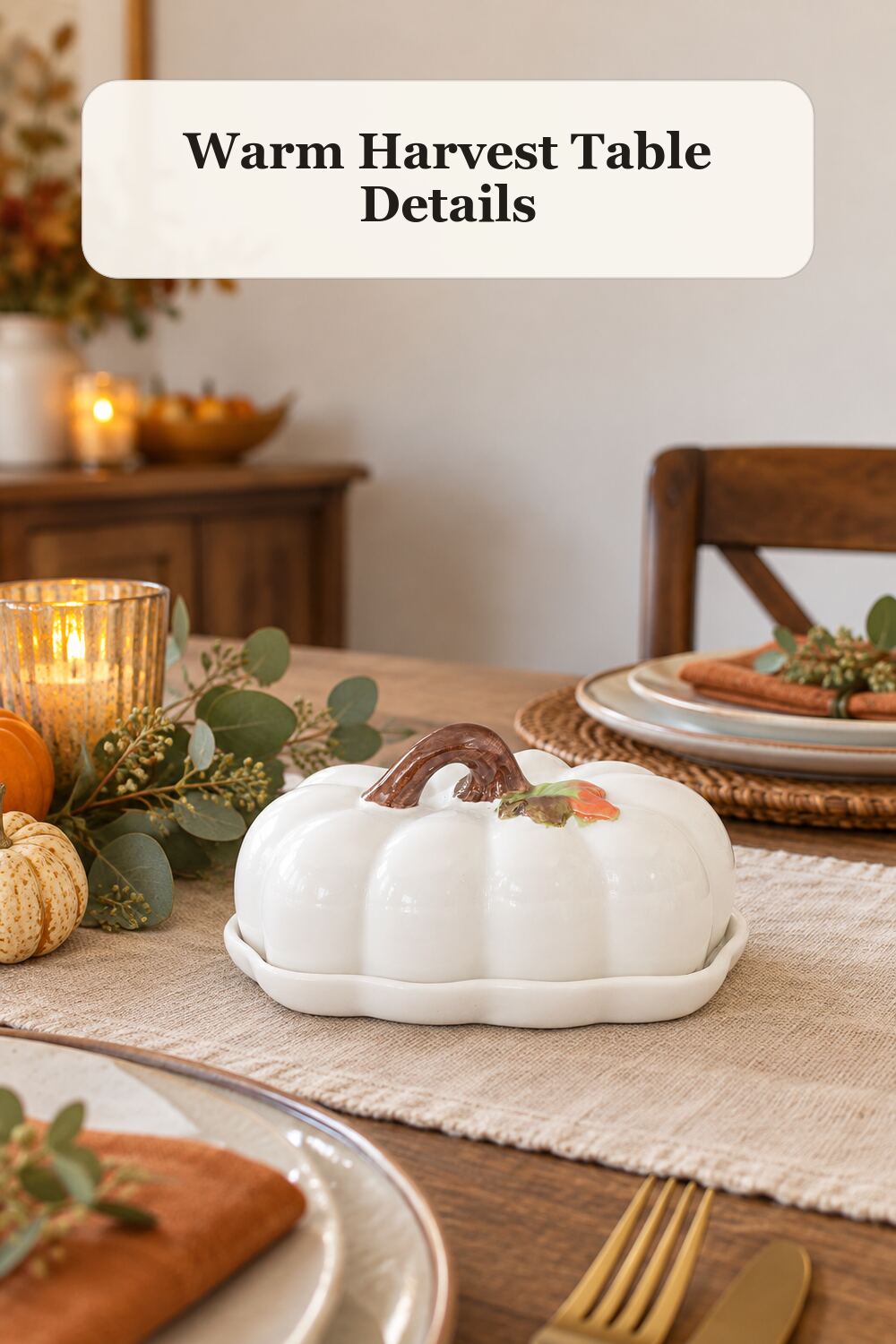 Pumpkin Butter Dish styled in a warm, realistic fall and thanksgiving home setting.