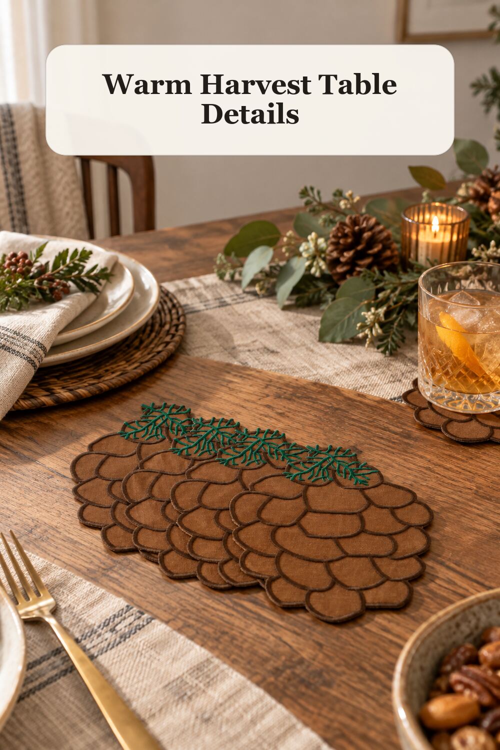 Set Of 4 Linen Pinecone Cocktail Napkins styled in a warm, realistic fall and thanksgiving home setting.