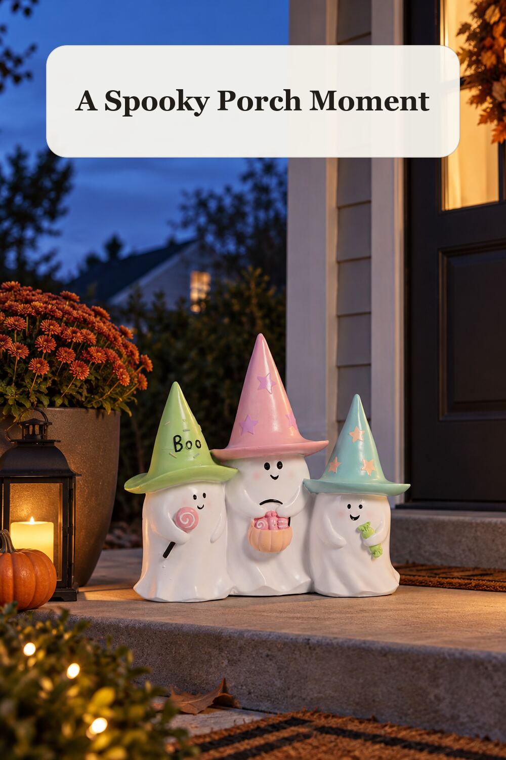24in Outdoor Safe Ghost Trio Decor styled in a warm, realistic halloween home setting.