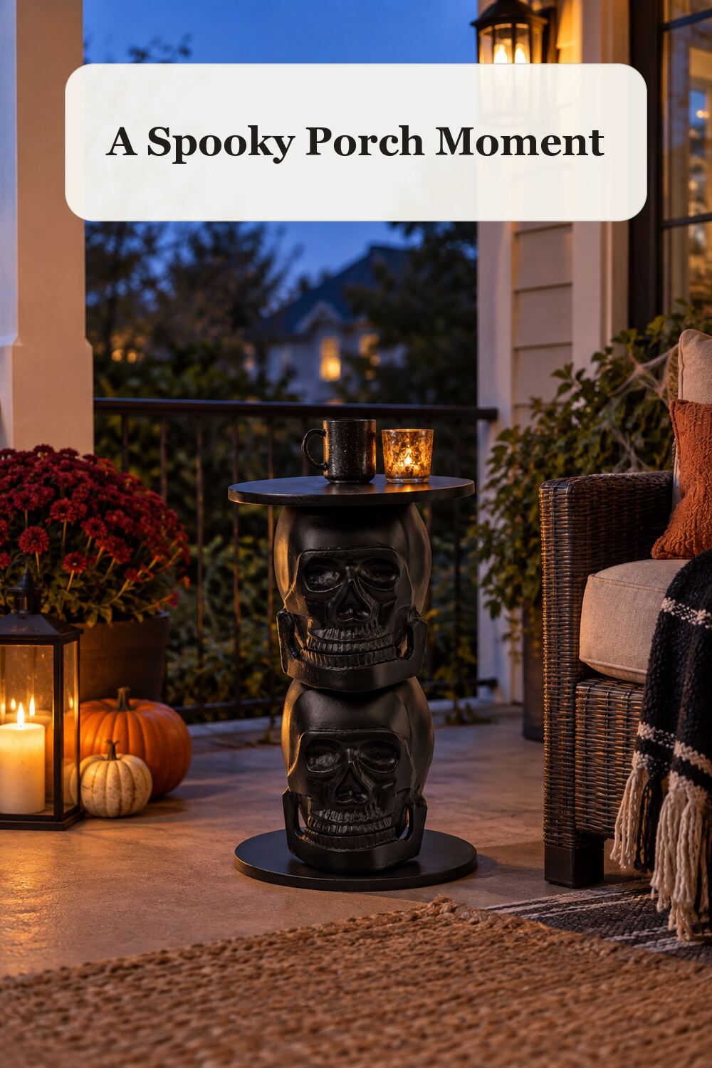 Outdoor Safe Skull Table styled in a warm, realistic halloween home setting.