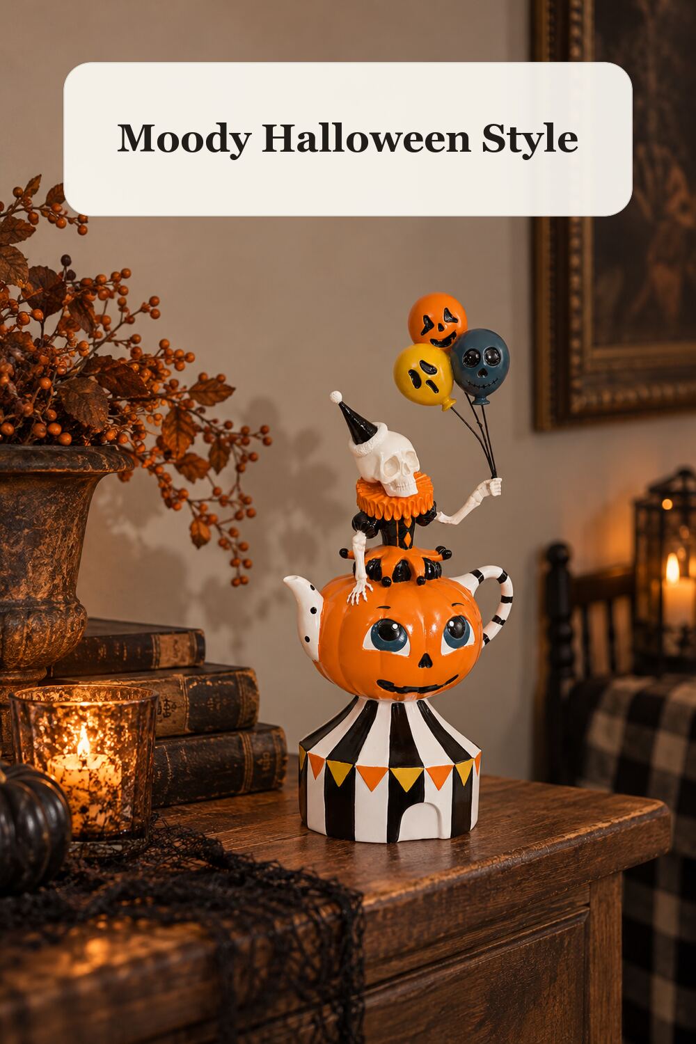 Circus Skeleton With Balloon Decor styled in a warm, realistic halloween home setting.