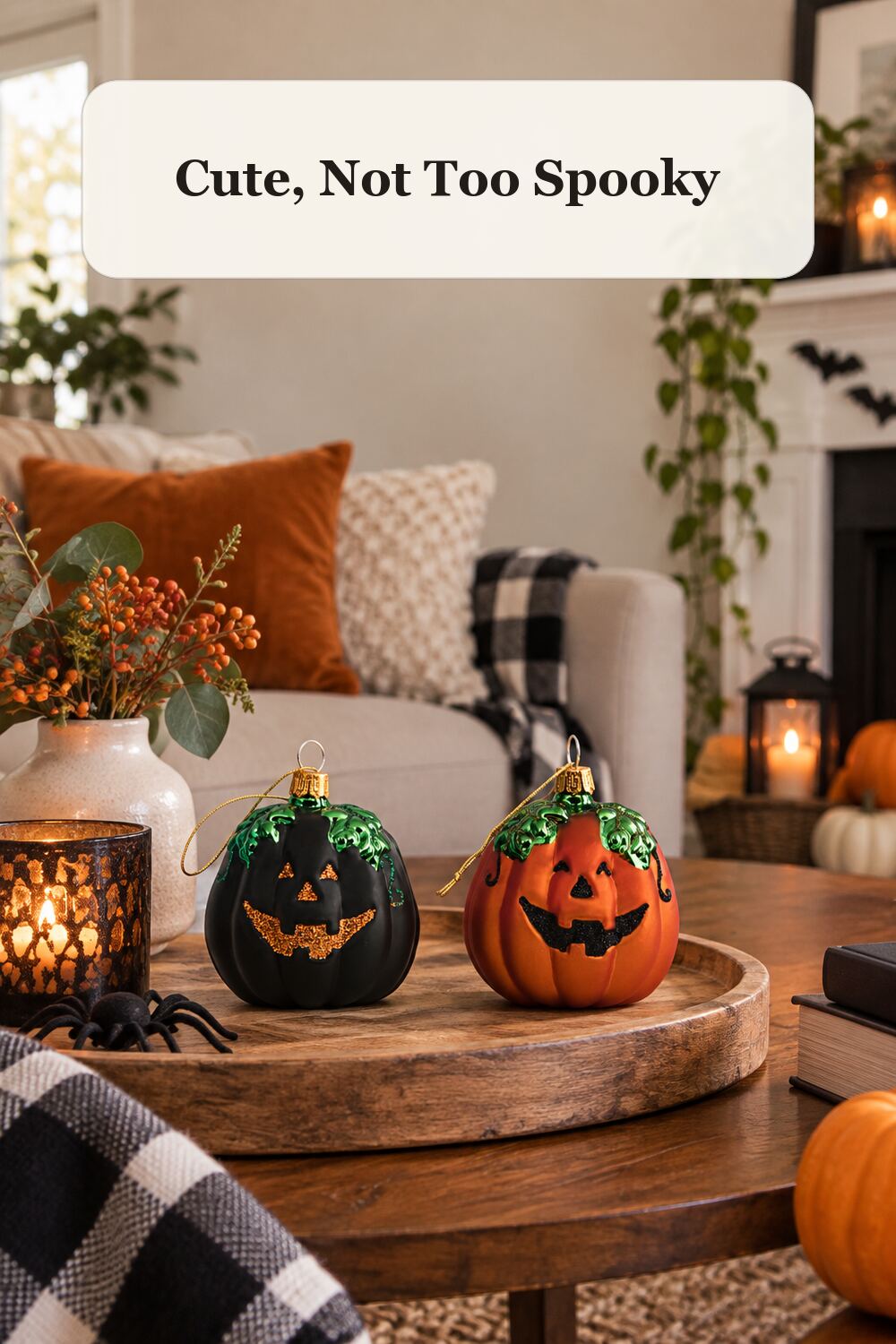 Set Of 2 Pumpkin And Mummy Ornaments styled in a warm, realistic halloween home setting.