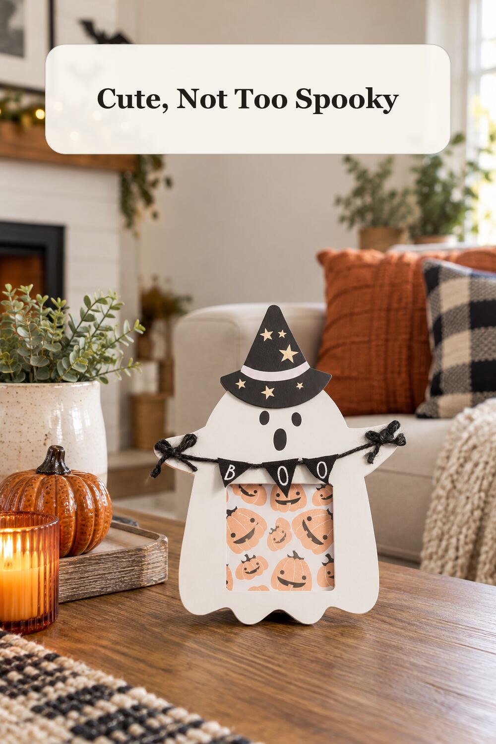 4x4 Ghost Witch Table Top Picture Frame styled in a warm, realistic halloween home setting.