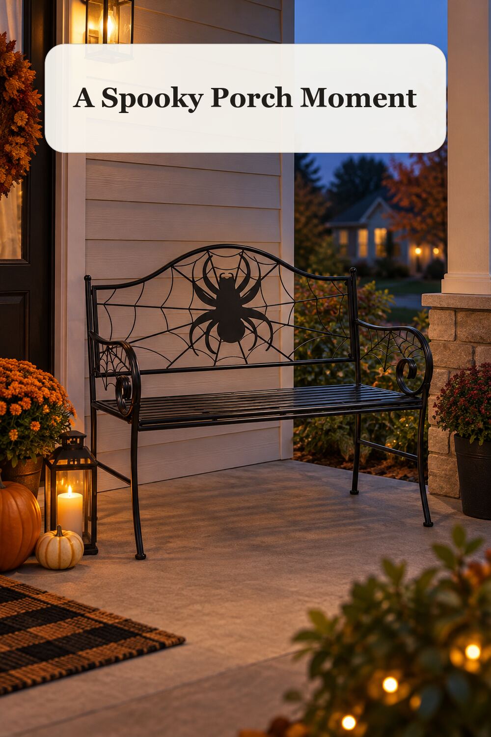 42x36 Outdoor Safe Metal Spider Bench styled in a warm, realistic halloween home setting.