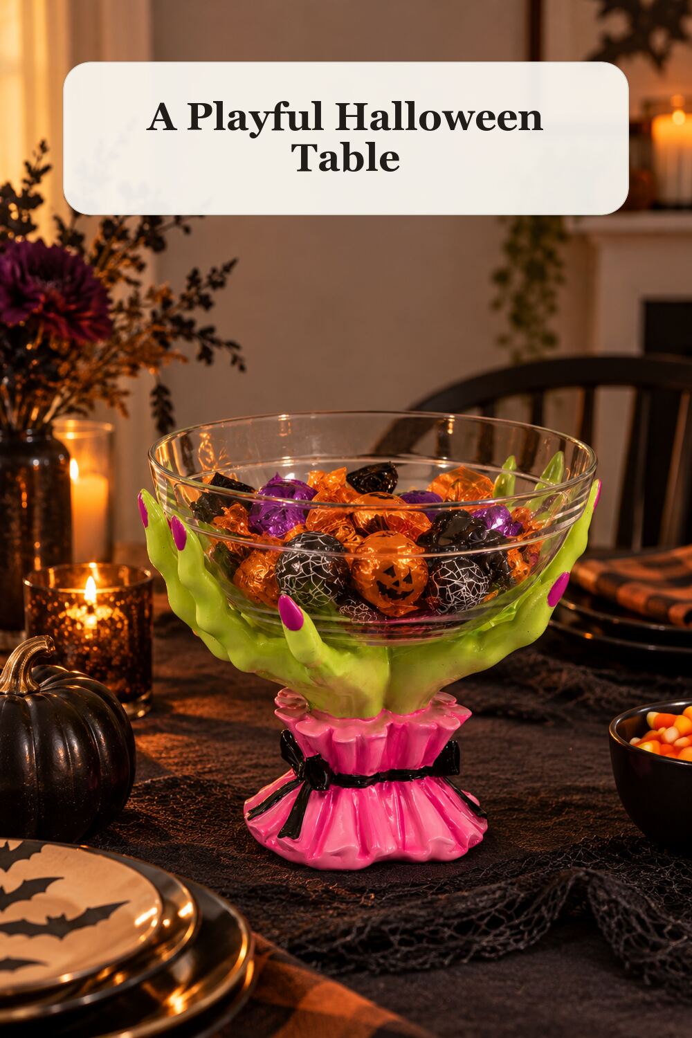 10x9 Witch Hands With Candy Bowl Decor styled in a warm, realistic halloween home setting.