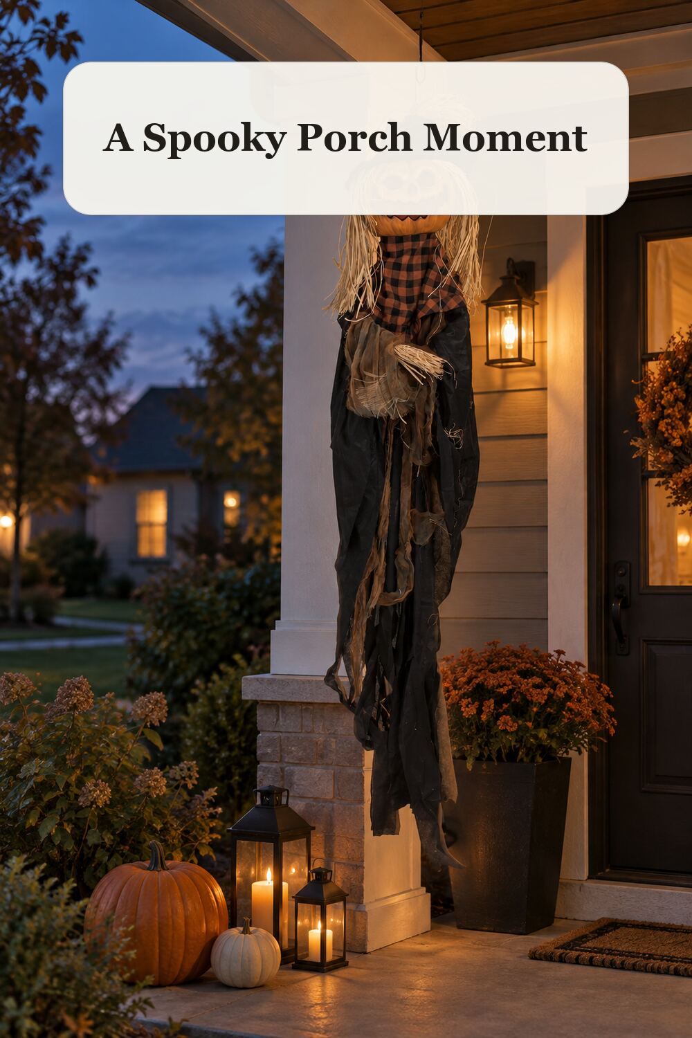 72in Hanging Pumpkin Face Scarecrow With Motion And Sound styled in a warm, realistic halloween home setting.
