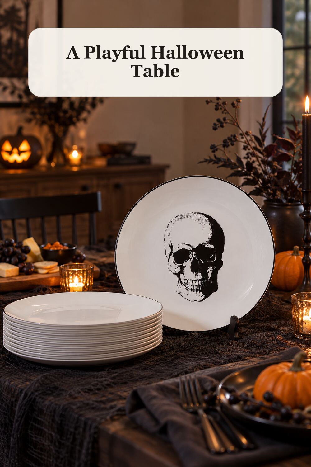 50pc Creepy Skull Boxed Dinnerware Set styled in a warm, realistic halloween home setting.