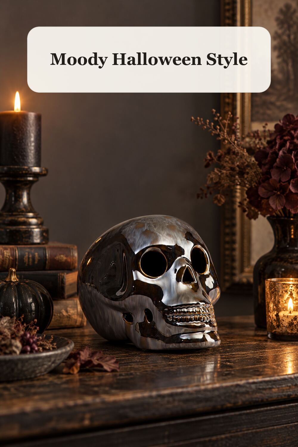 6in Shiny Ceramic Skull Decor styled in a warm, realistic halloween home setting.