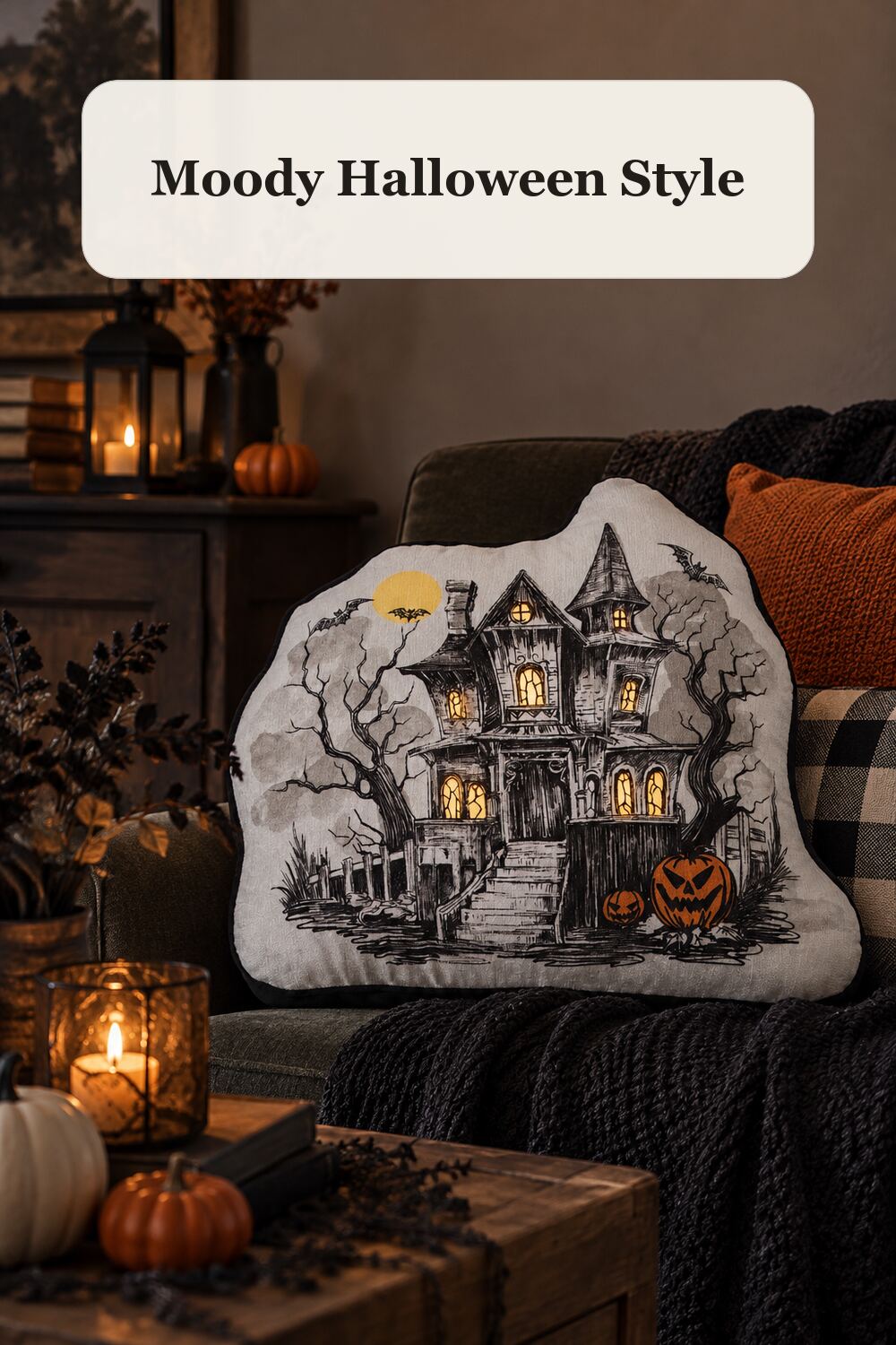 18x20 Scary Haunted House Light Up Pillow styled in a warm, realistic halloween home setting.