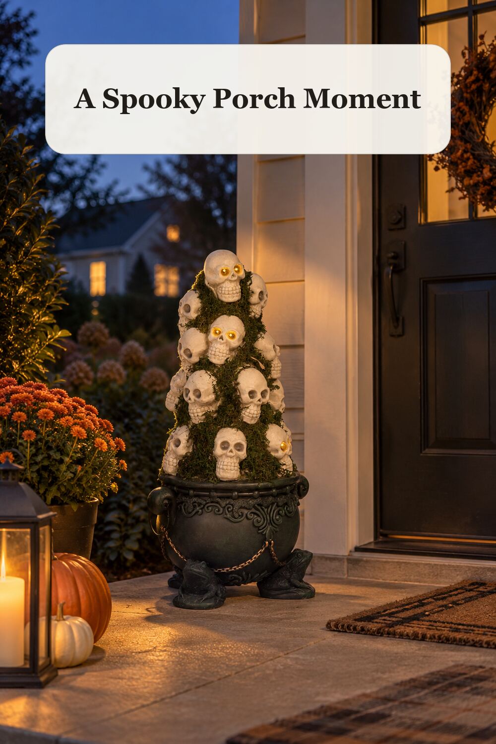 Outdoor Safe Multi Stacked Skulls Led Cauldron Decor styled in a warm, realistic halloween home setting.