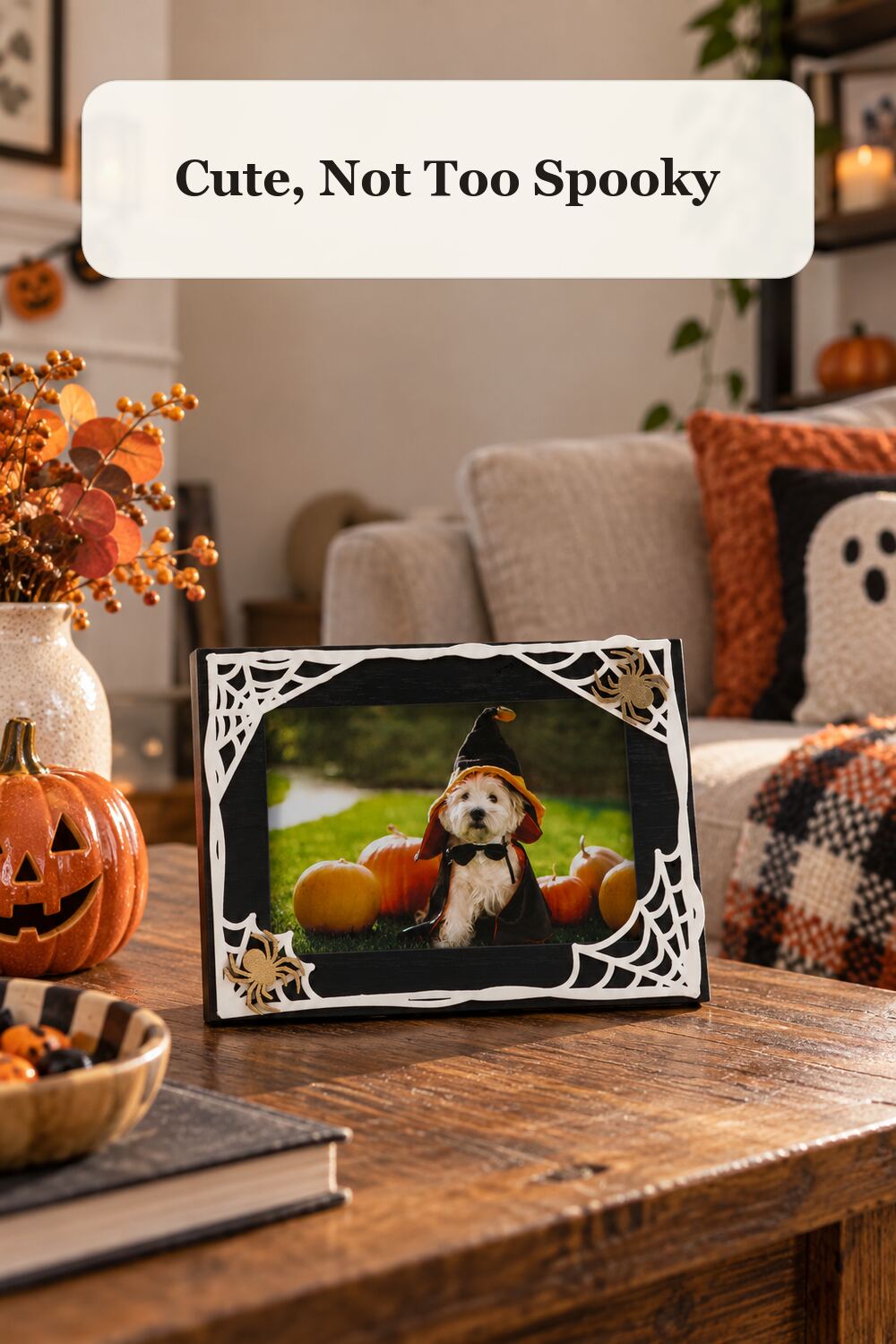 4x6 Web Tabletop Picture Frame styled in a warm, realistic halloween home setting.