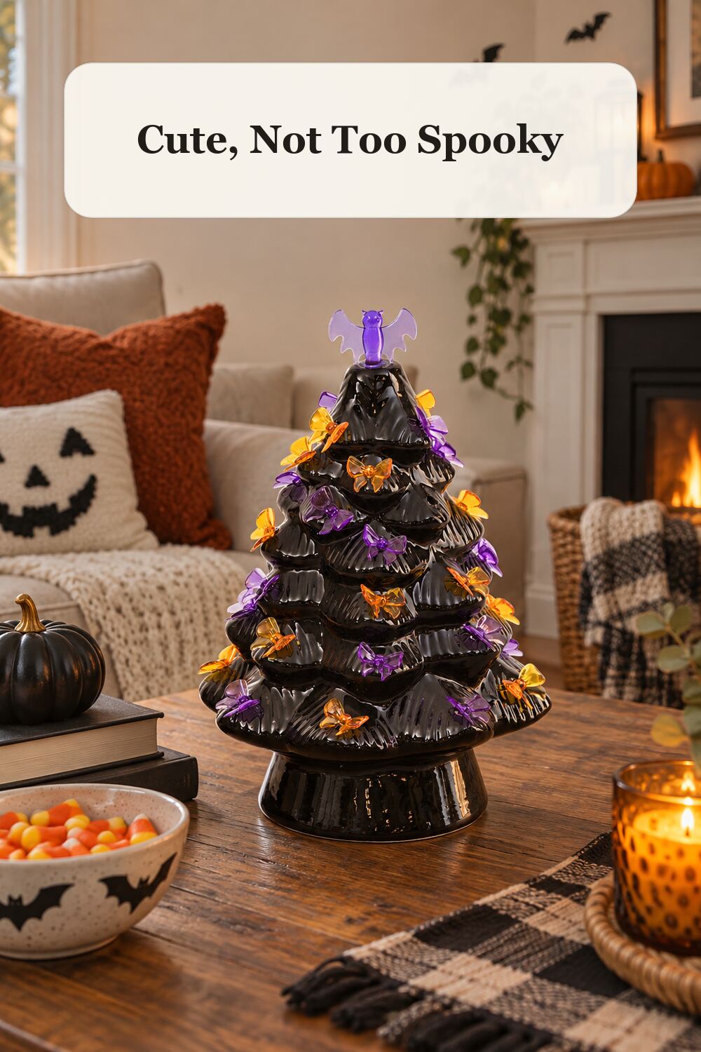 12in Ceramic Halloween Tree With Bows And Bat Topper styled in a warm, realistic halloween home setting.