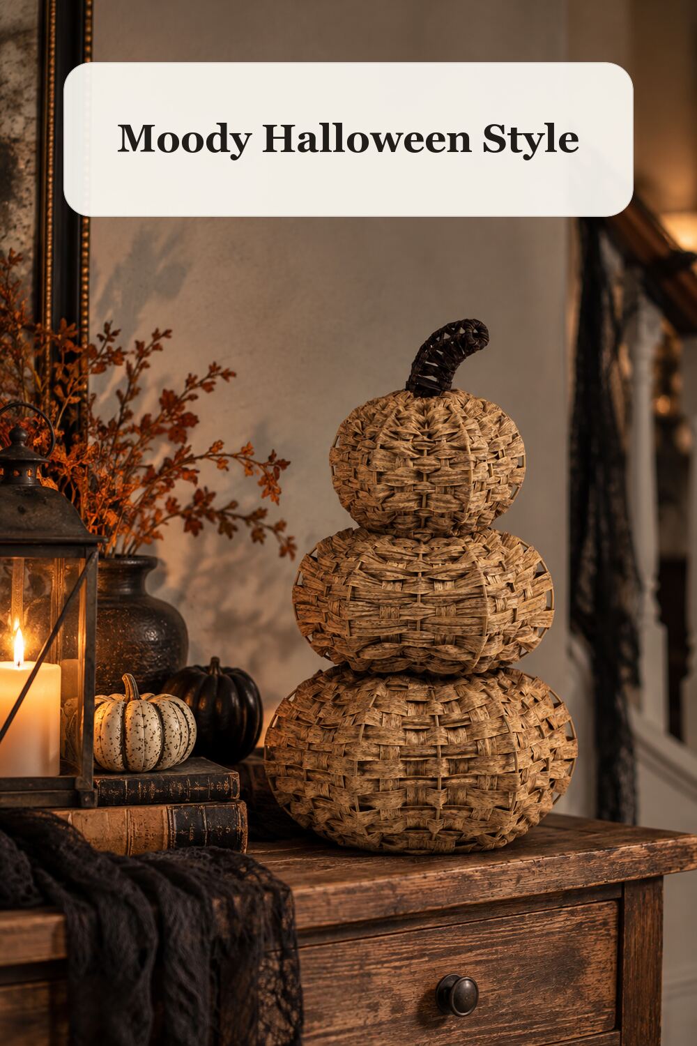 Three Layer Stacked Pumpkins Decor styled in a warm, realistic halloween home setting.