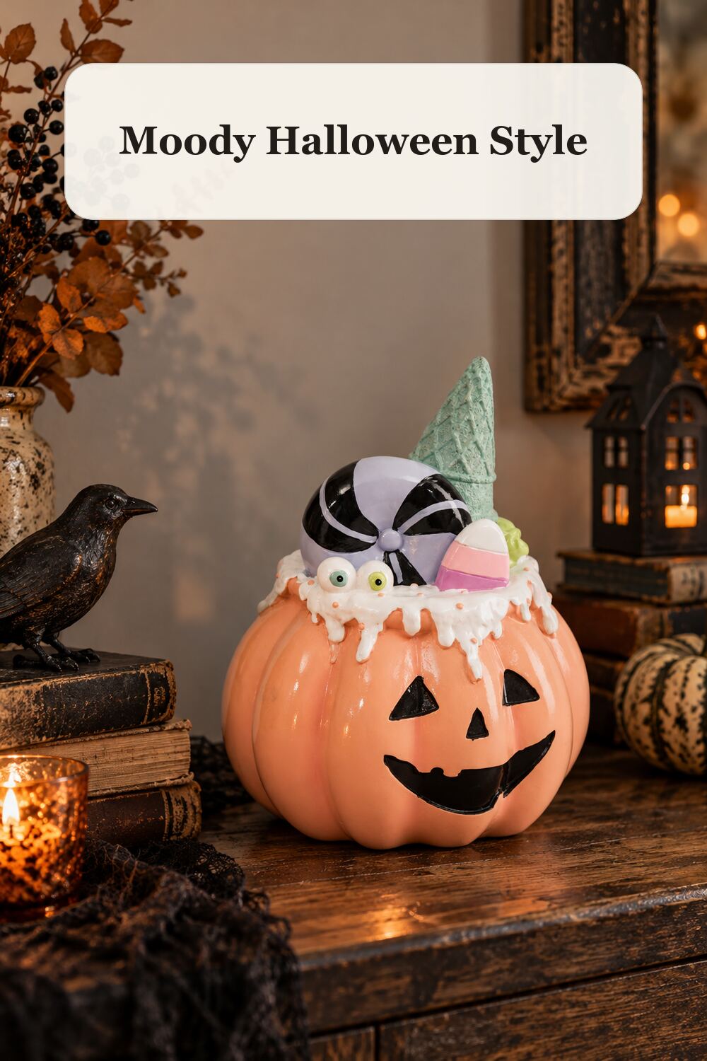 8.75in Jack O Lantern With Candy styled in a warm, realistic halloween home setting.
