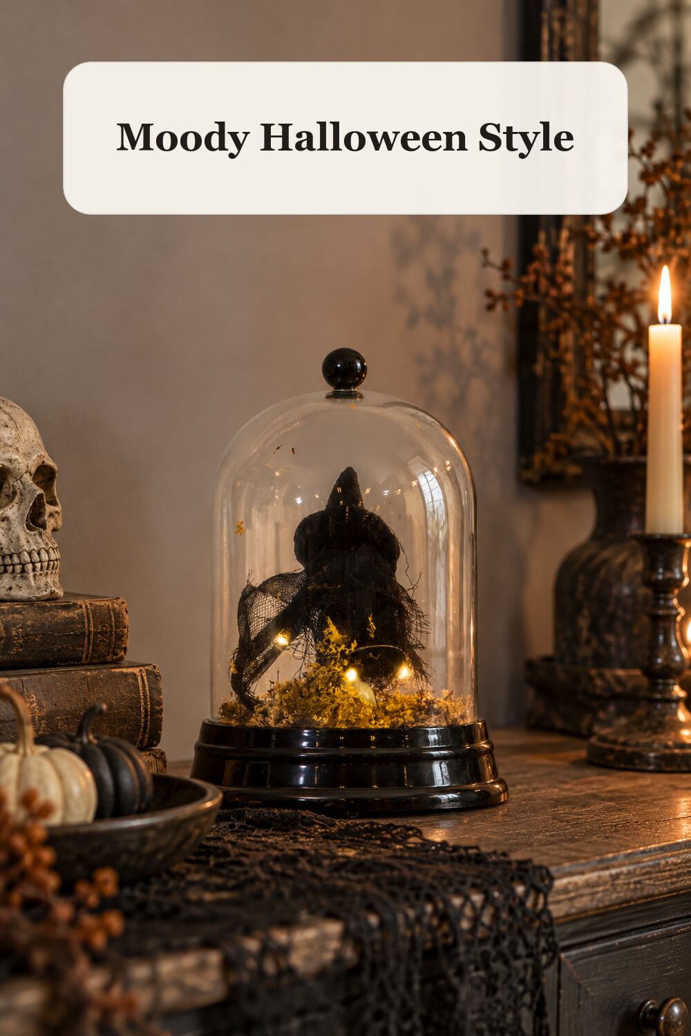 6x9 Led Witch Tabletop Dome Decor styled in a warm, realistic halloween home setting.