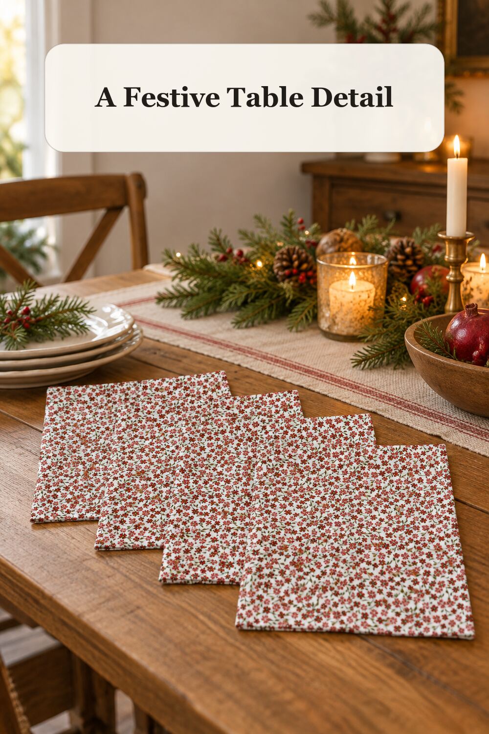 Set Of 4 Christmas Meadow Napkins styled in a warm, realistic christmas home setting.