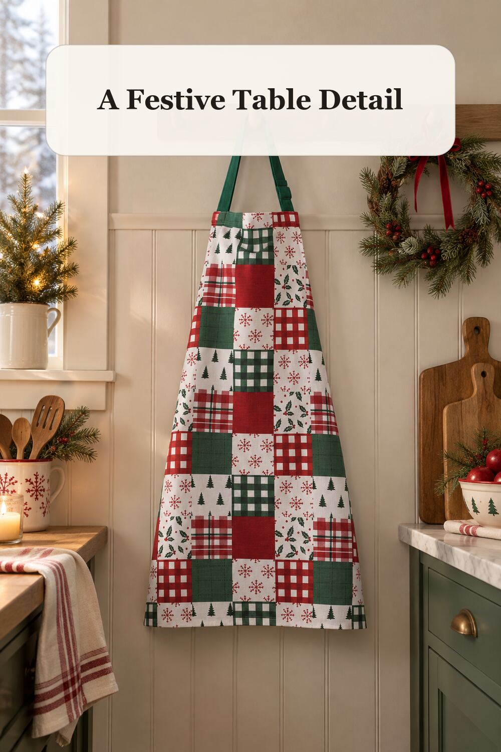 Christmas Patchwork Apron styled in a warm, realistic christmas home setting.