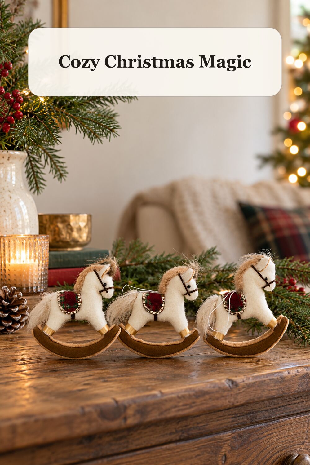 3pk Rocking Horse Ornaments styled in a warm, realistic christmas home setting.