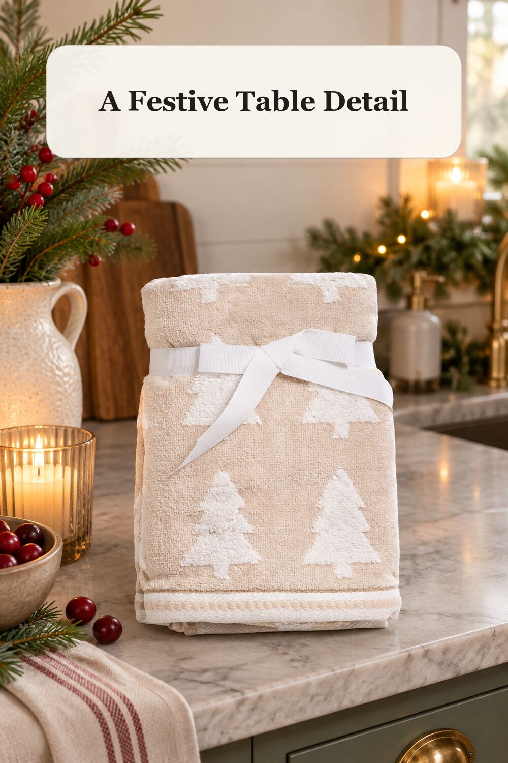 2pk Tree Stripes Hand Towels styled in a warm, realistic christmas home setting.