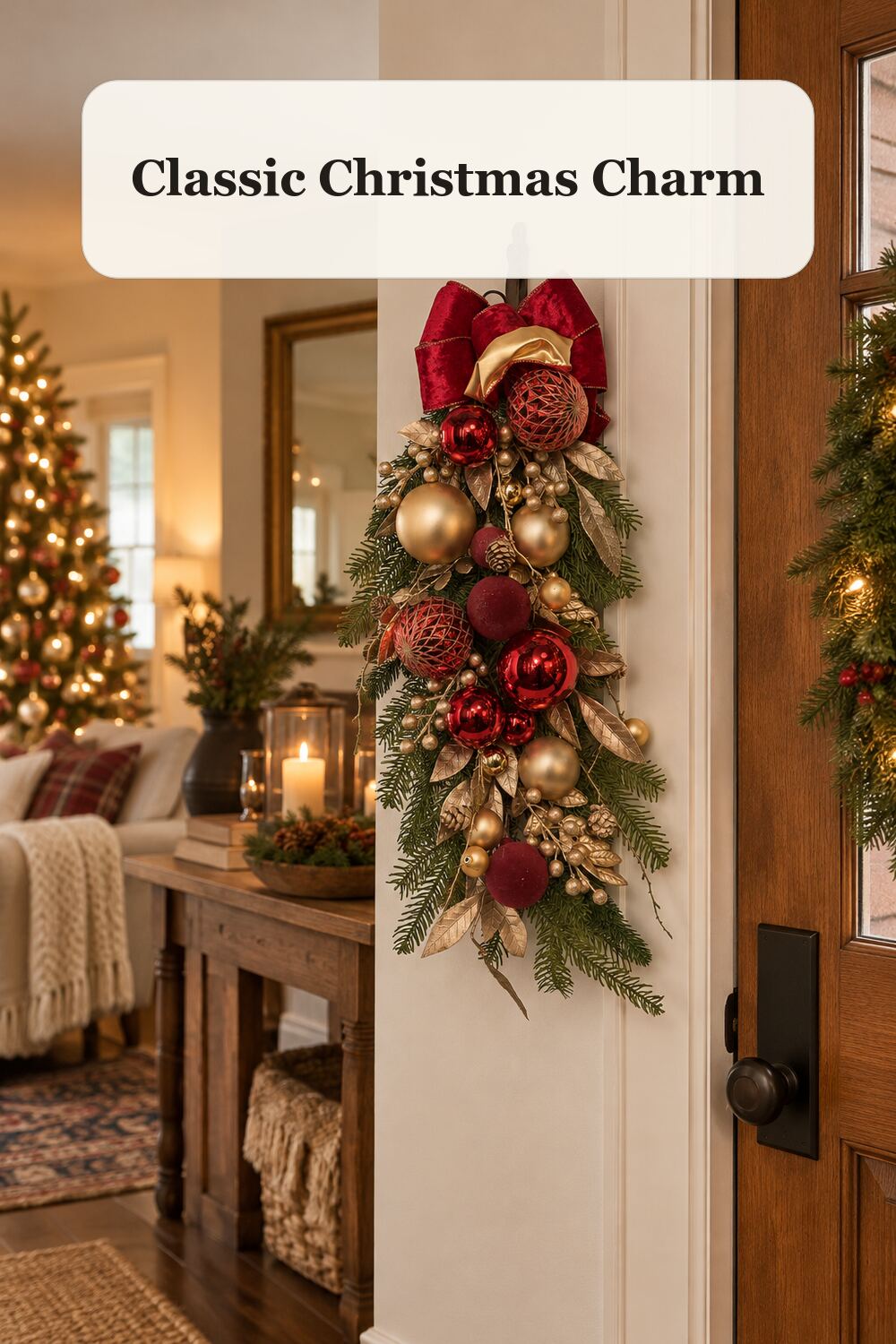Real Touch Faux Pine Swag With Ornaments styled in a warm, realistic christmas home setting.