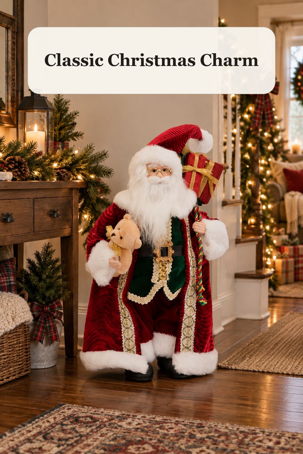 Santa With Presents Sack And Bear styled in a warm, realistic christmas home setting.