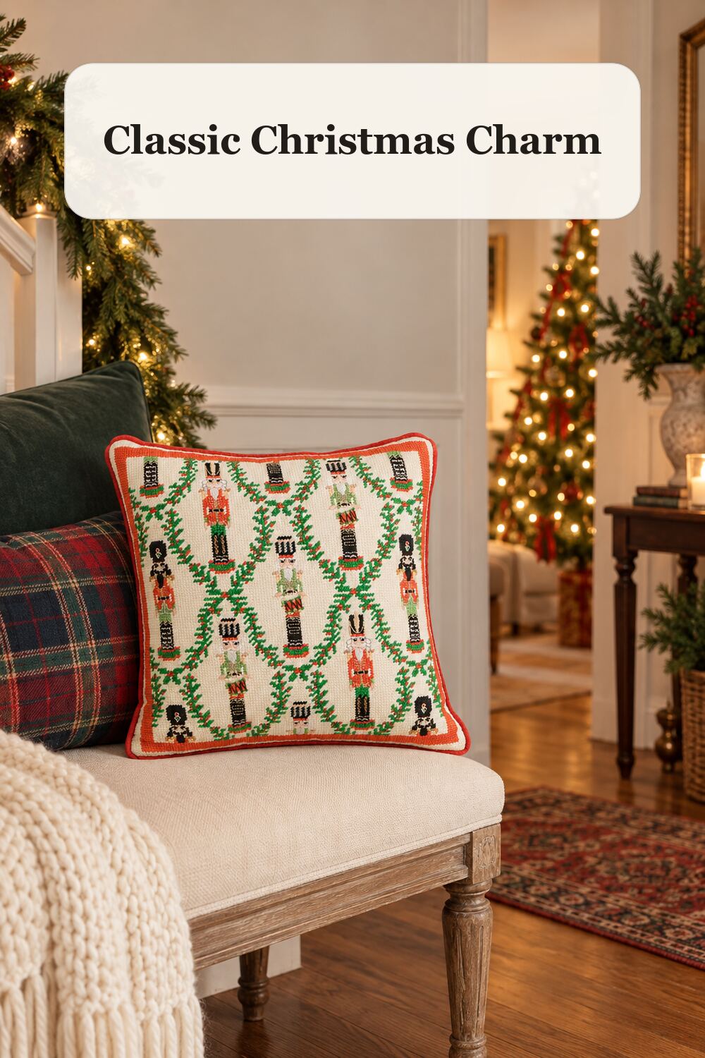 14x14 Nutcracker Needlepoint Pillow styled in a warm, realistic christmas home setting.