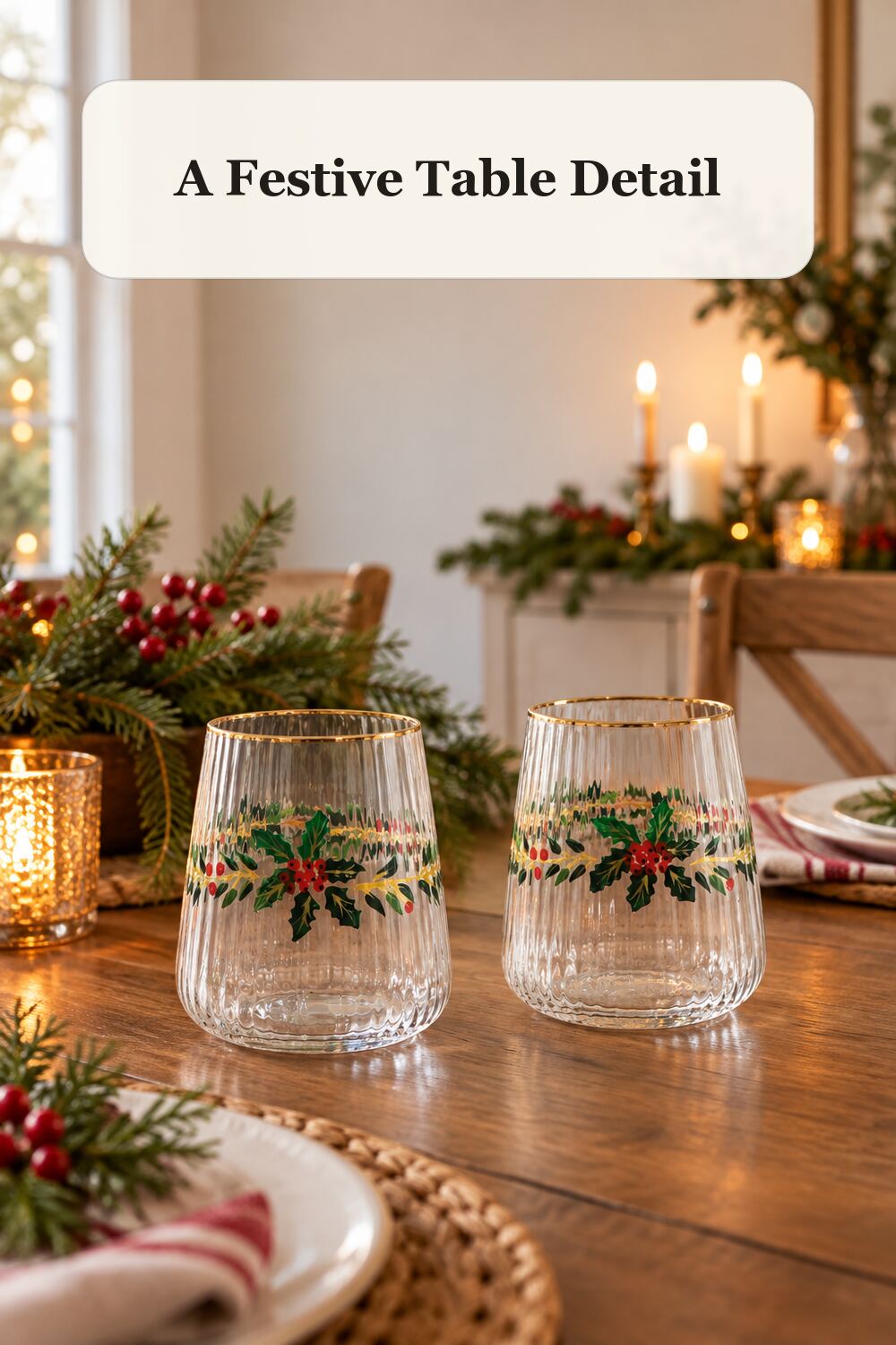Set Of 2 Hand Painted Holly Berry Stemless Glasses With Contrast Rim styled in a warm, realistic christmas home setting.