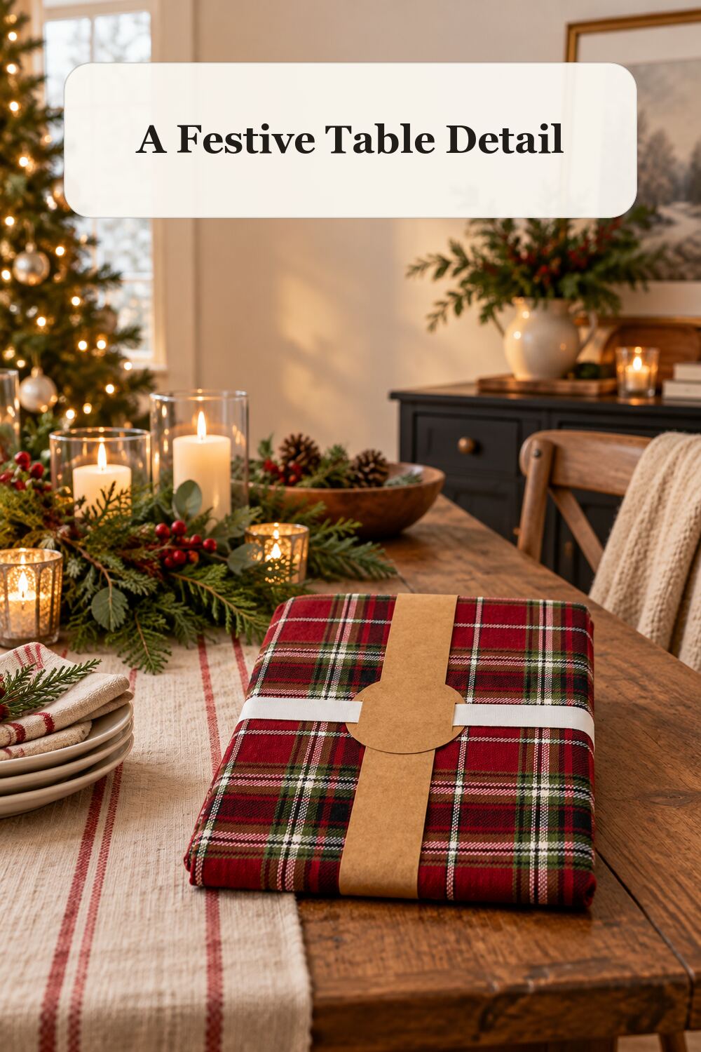Plaid Tablecloth styled in a warm, realistic christmas home setting.