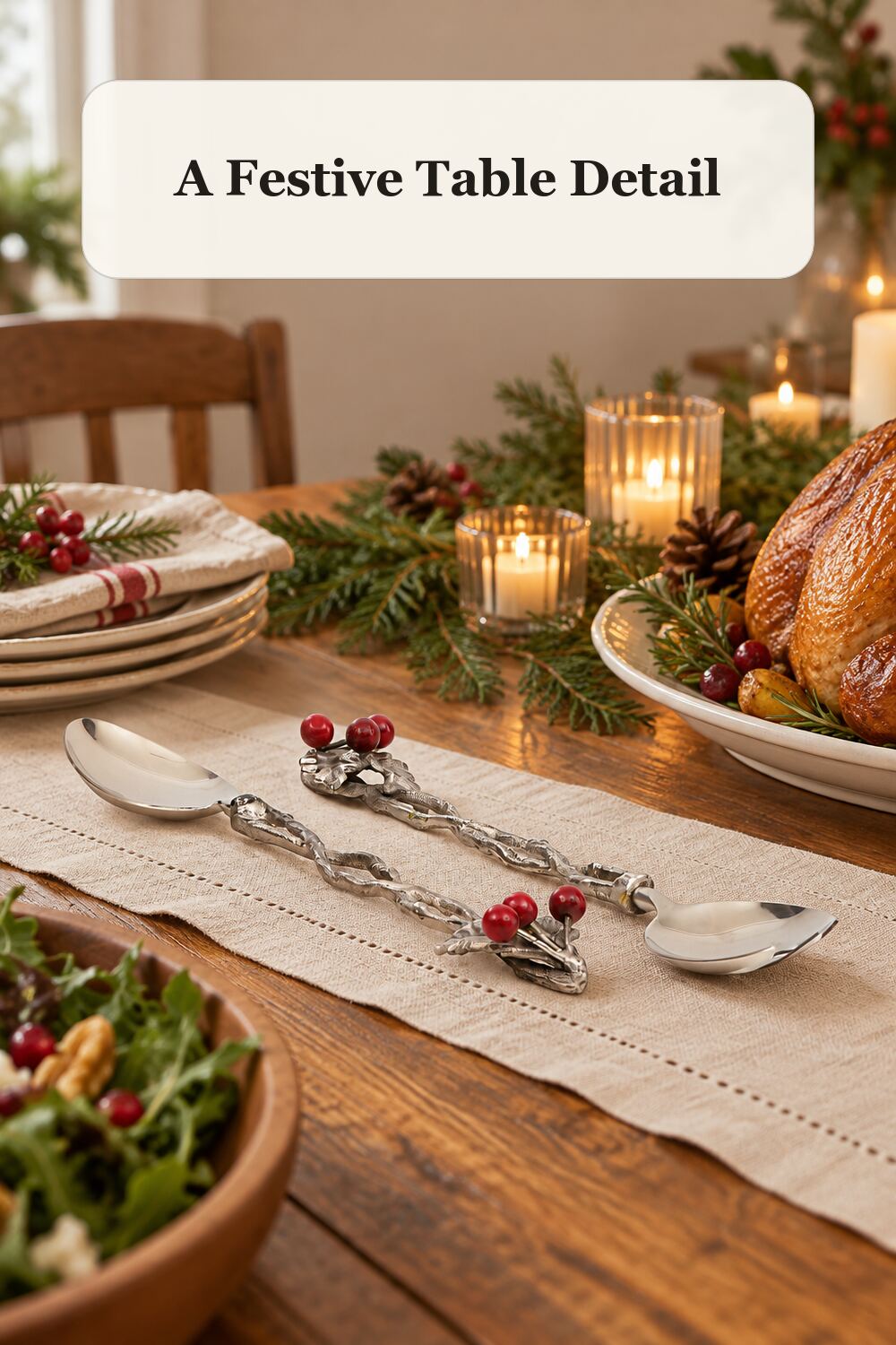 2pc Christmas Holly Serving Utensils styled in a warm, realistic christmas home setting.