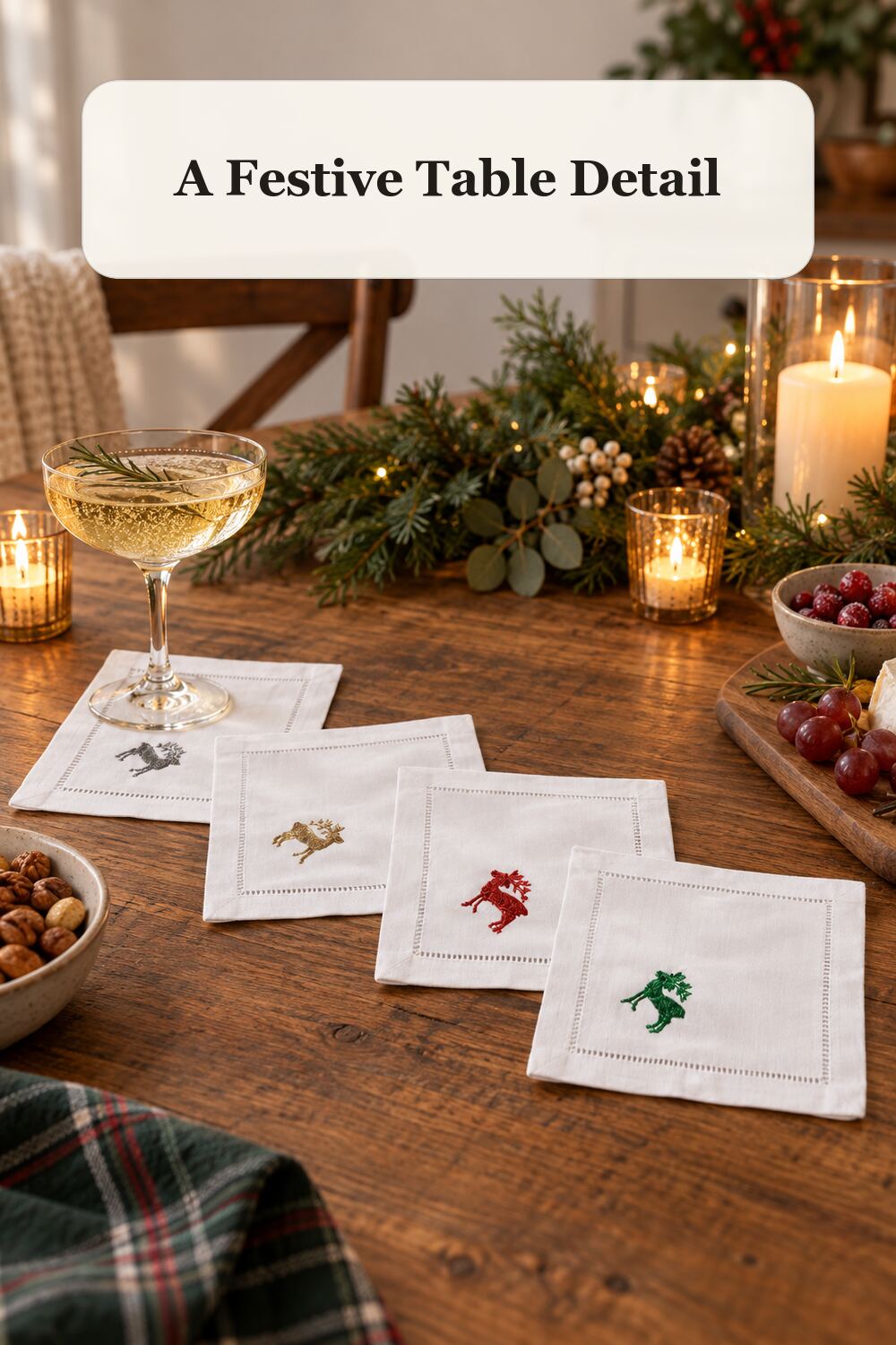 4pk Hand Embroidered Reindeer Cocktail Napkins styled in a warm, realistic christmas home setting.