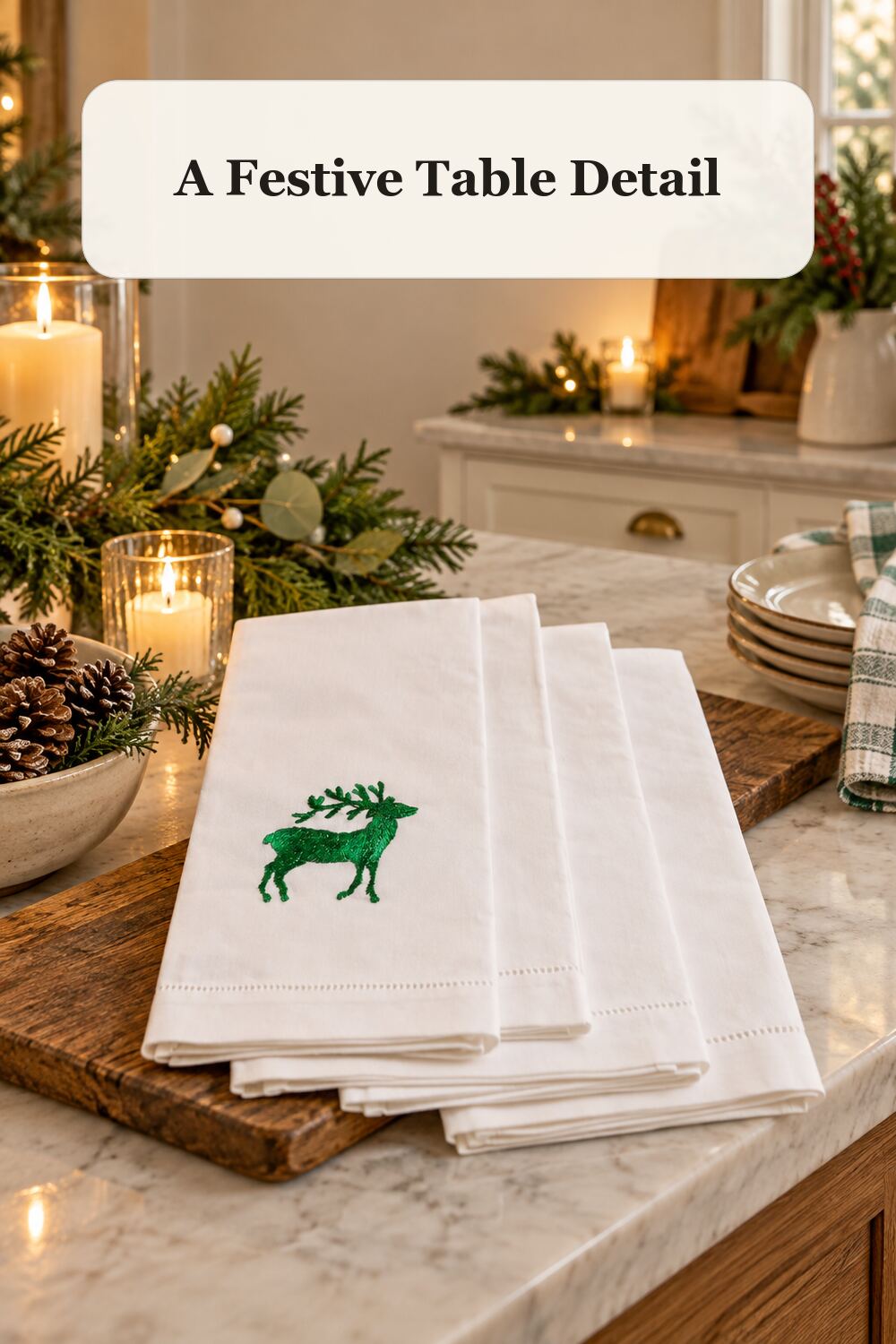Set Of 4 Hand Embroidered Reindeer Hand Towels styled in a warm, realistic christmas home setting.