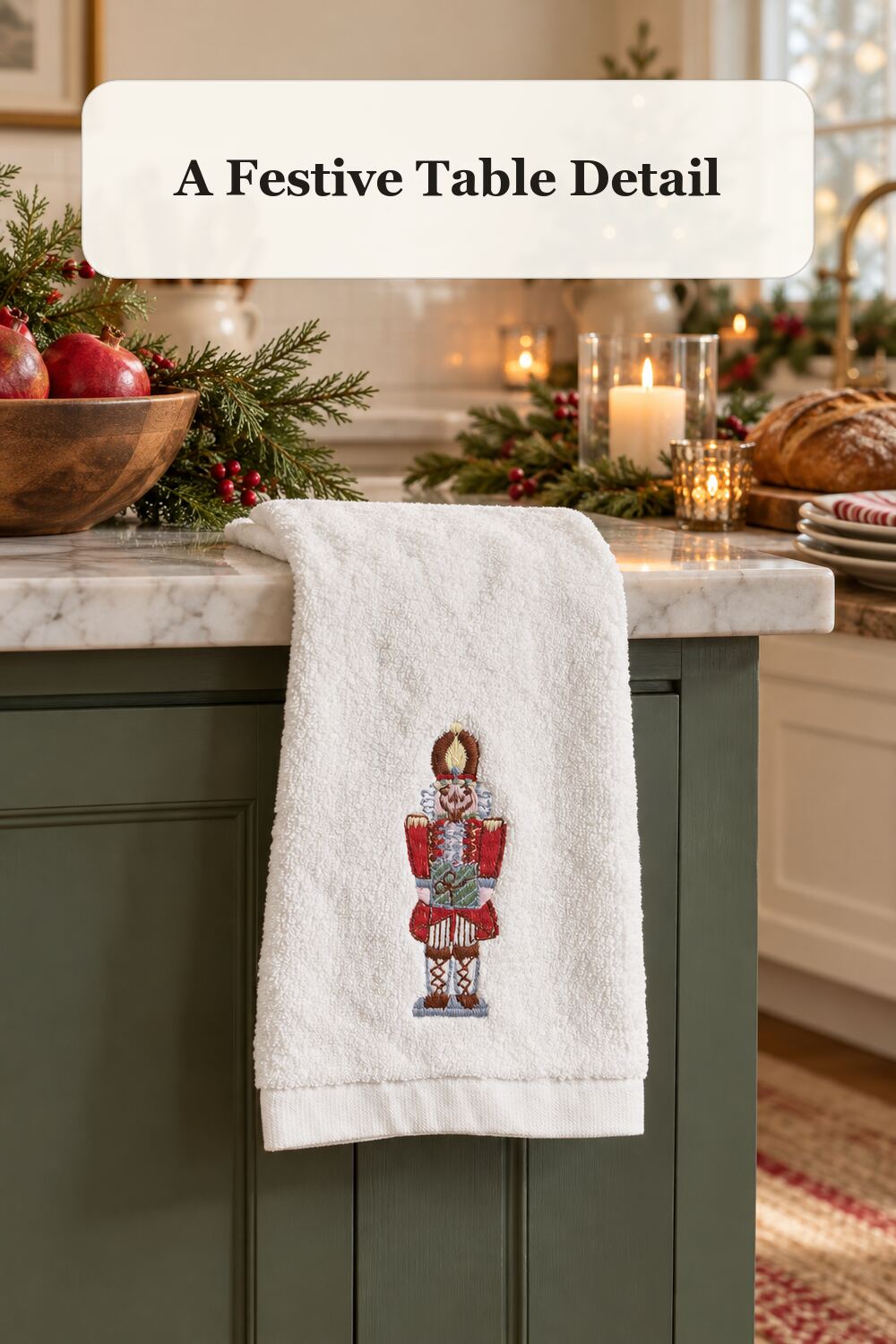 Hand Embroidered Nutcracker Terry Hand Towel styled in a warm, realistic christmas home setting.